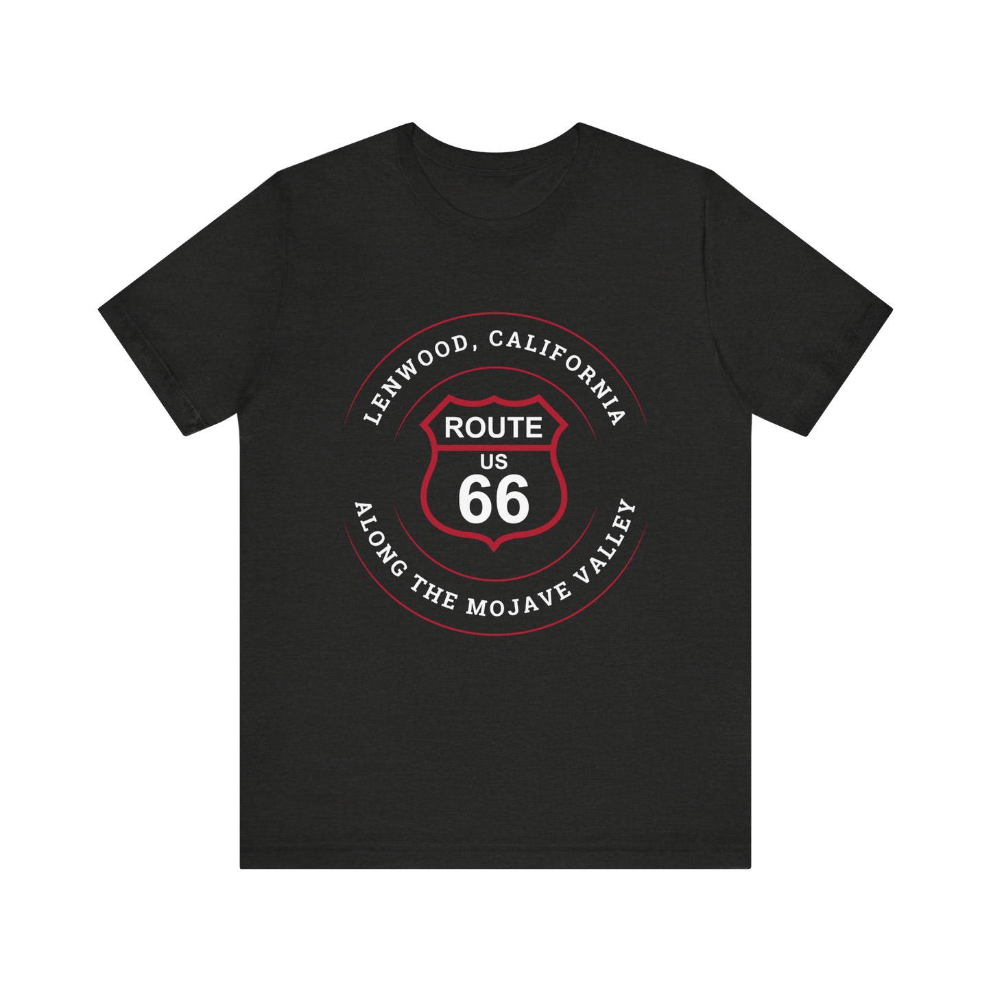 Black heather retro Route 66 unisex jersey tee with Lenwood, CA: "Along the Mojave Valley" design