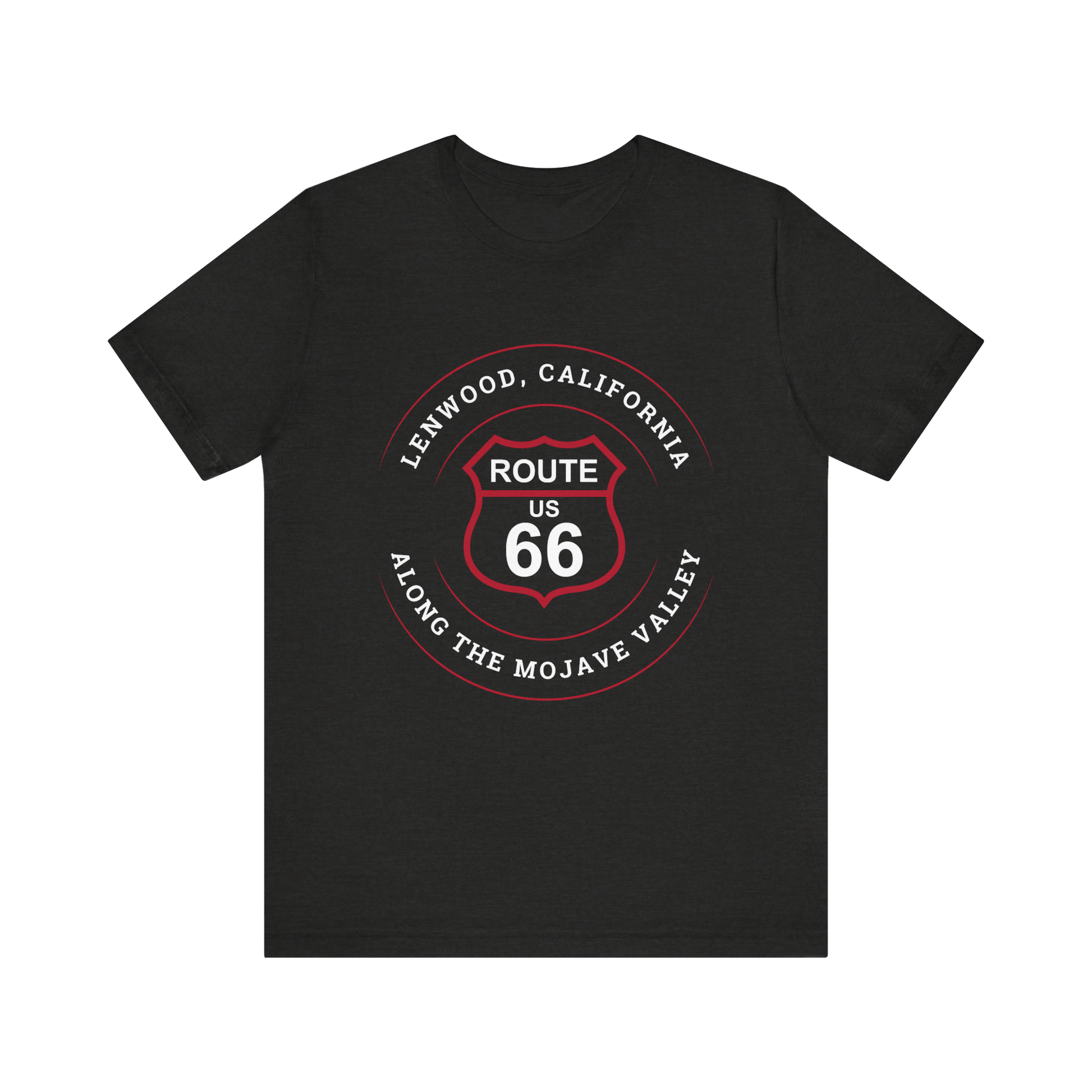 Black heather retro Route 66 unisex jersey tee with Lenwood, CA: "Along the Mojave Valley" design