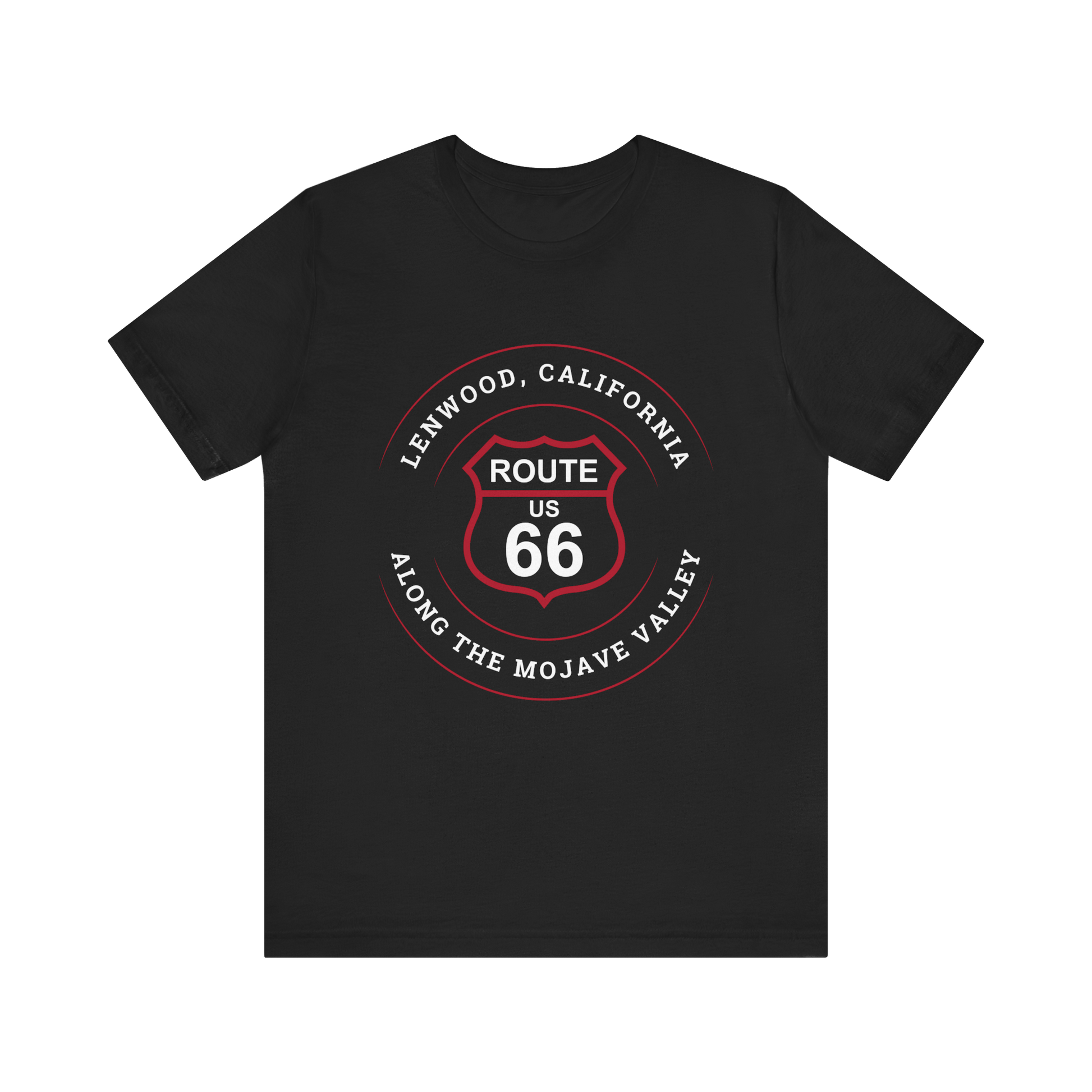 Black retro Route 66 unisex jersey tee with Lenwood, CA: "Along the Mojave Valley" design