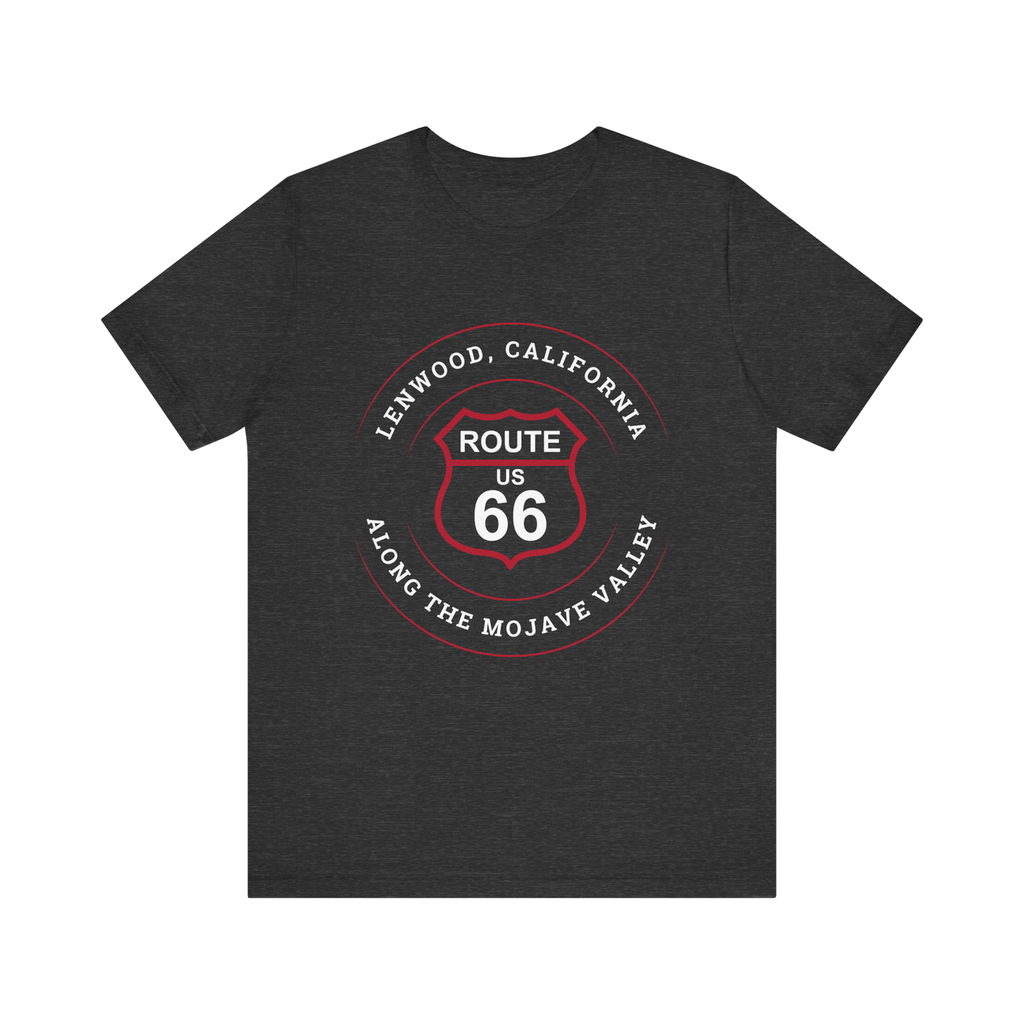Dark grey heather retro Route 66 unisex jersey tee with Lenwood, CA: "Along the Mojave Valley" design