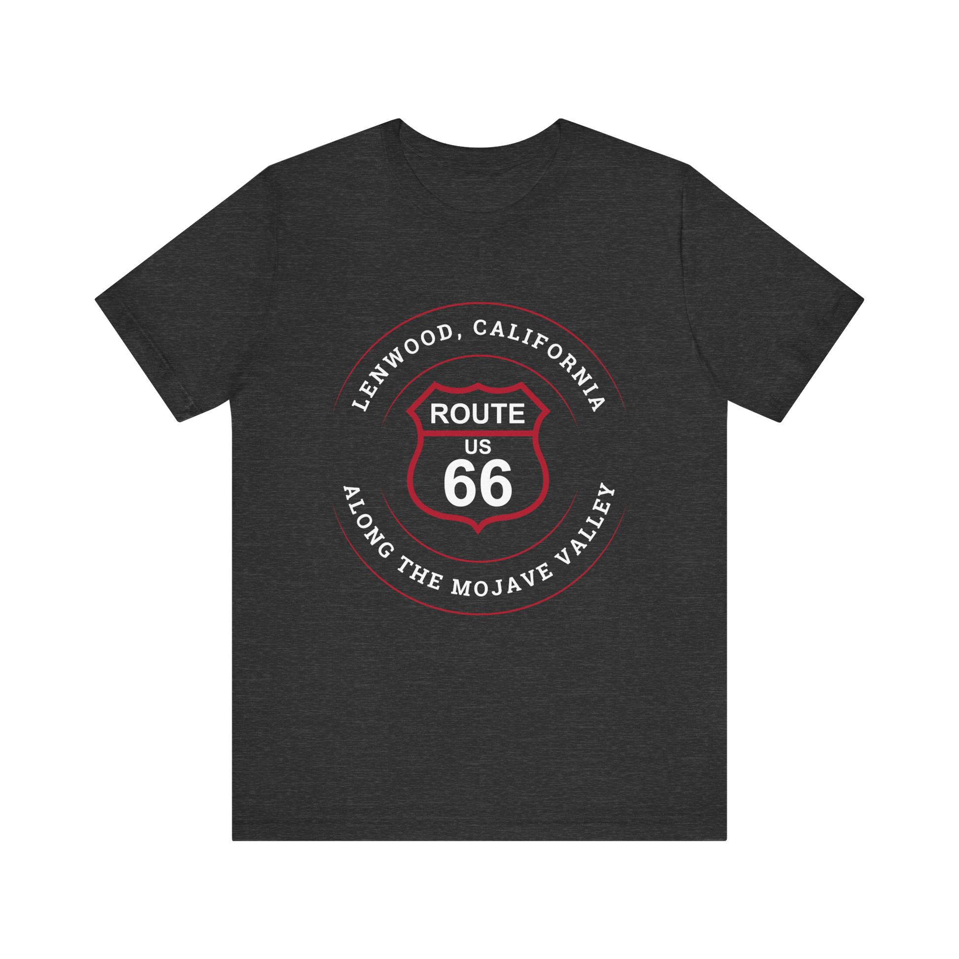Dark grey heather retro Route 66 unisex jersey tee with Lenwood, CA: "Along the Mojave Valley" design