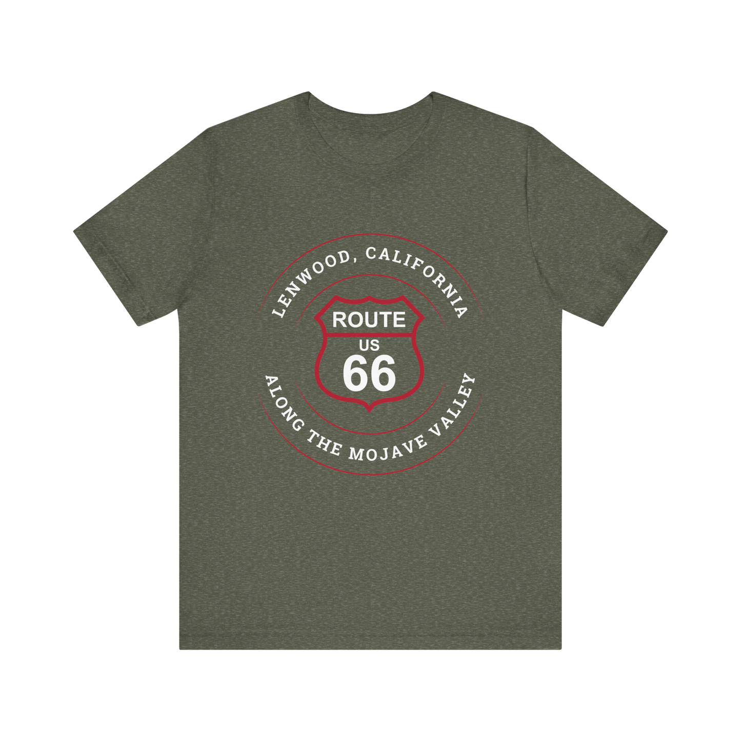 Heather military green retro Route 66 unisex jersey tee with Lenwood, CA: "Along the Mojave Valley" design