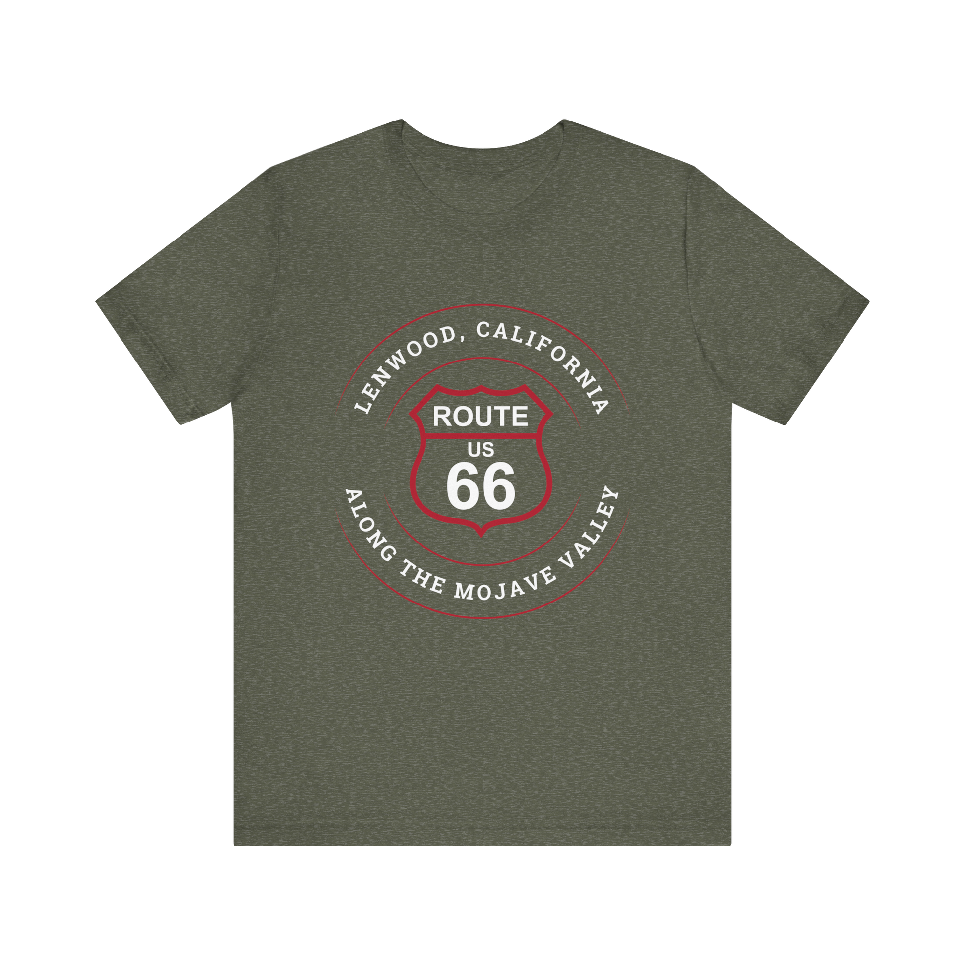 Heather military green retro Route 66 unisex jersey tee with Lenwood, CA: "Along the Mojave Valley" design