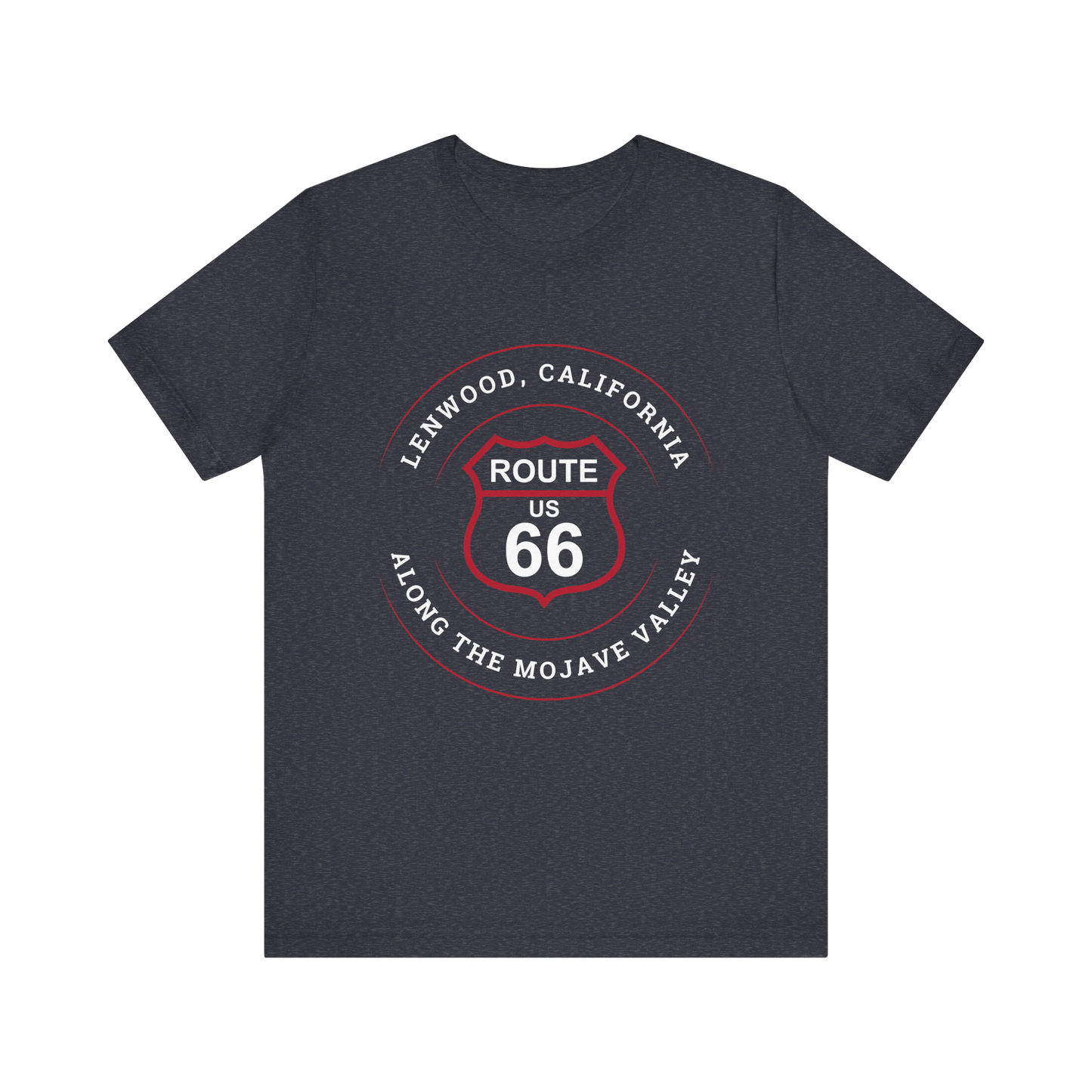Heather navy retro Route 66 unisex jersey tee with Lenwood, CA: "Along the Mojave Valley" design