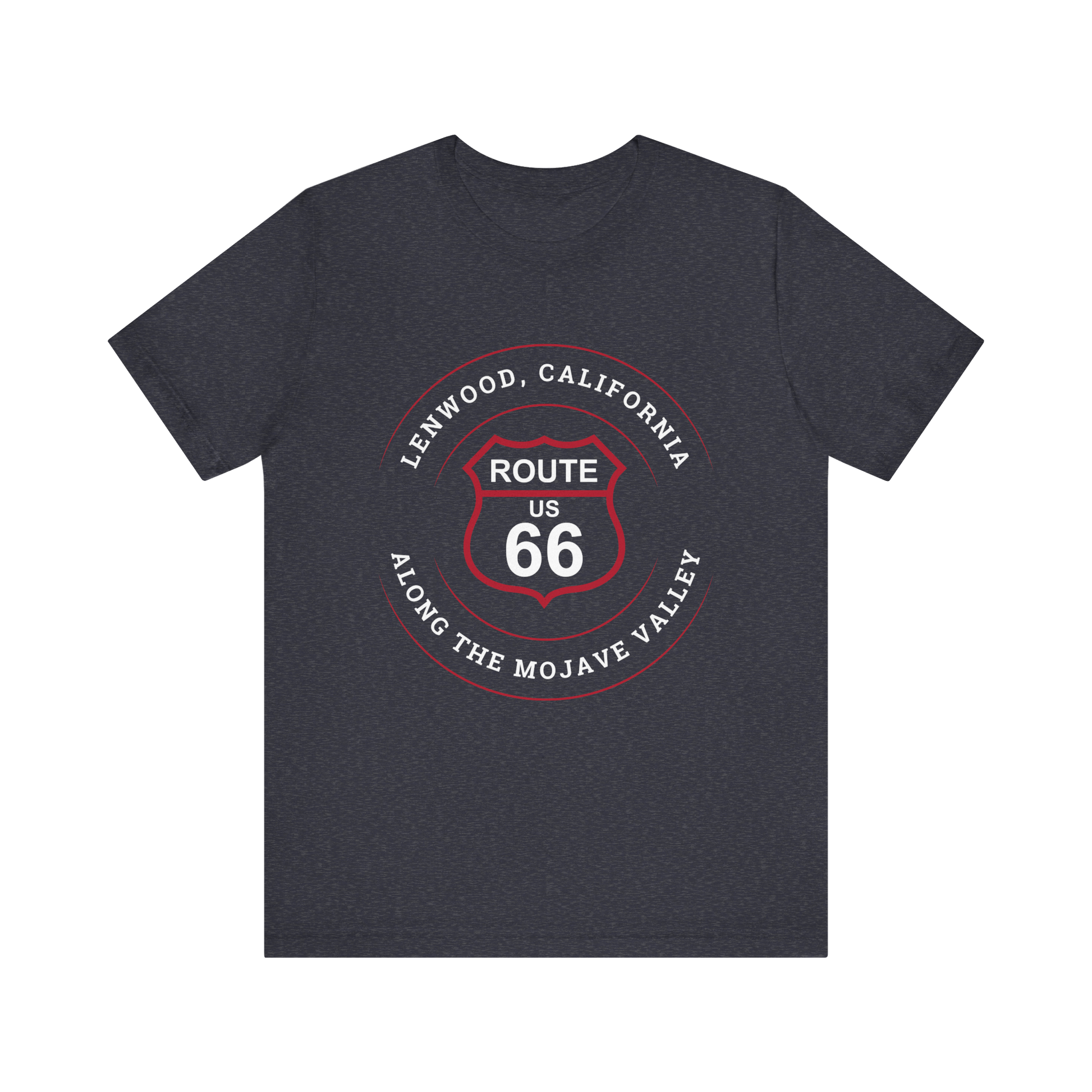 Heather navy retro Route 66 unisex jersey tee with Lenwood, CA: "Along the Mojave Valley" design