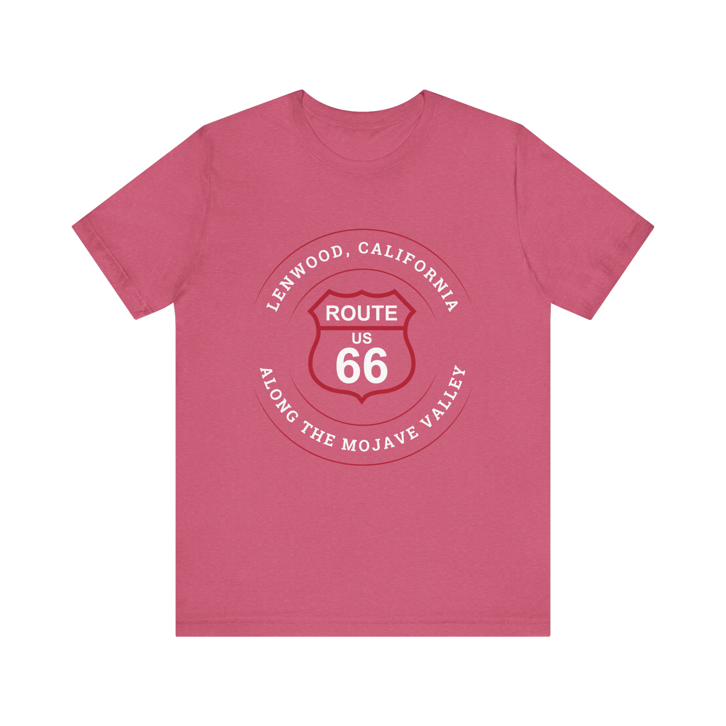 Heather raspberry retro Route 66 unisex jersey tee with Lenwood, CA: "Along the Mojave Valley" design