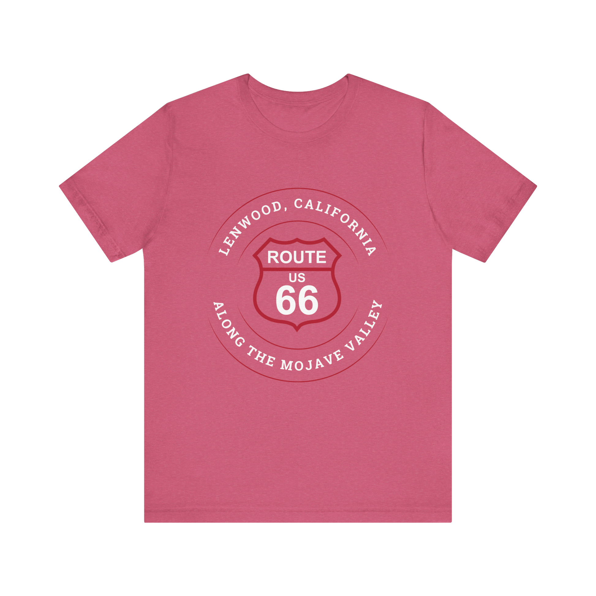 Heather raspberry retro Route 66 unisex jersey tee with Lenwood, CA: "Along the Mojave Valley" design