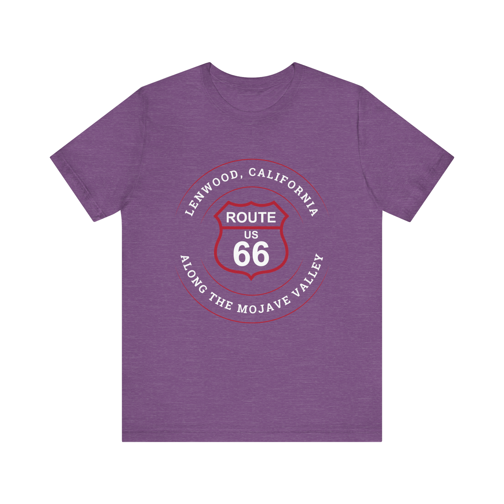 Heather team purple retro Route 66 unisex jersey tee with Lenwood, CA: "Along the Mojave Valley" design