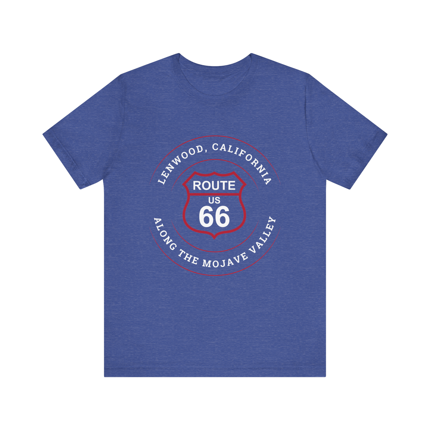 Heather true royal retro Route 66 unisex jersey tee with Lenwood, CA: "Along the Mojave Valley" design