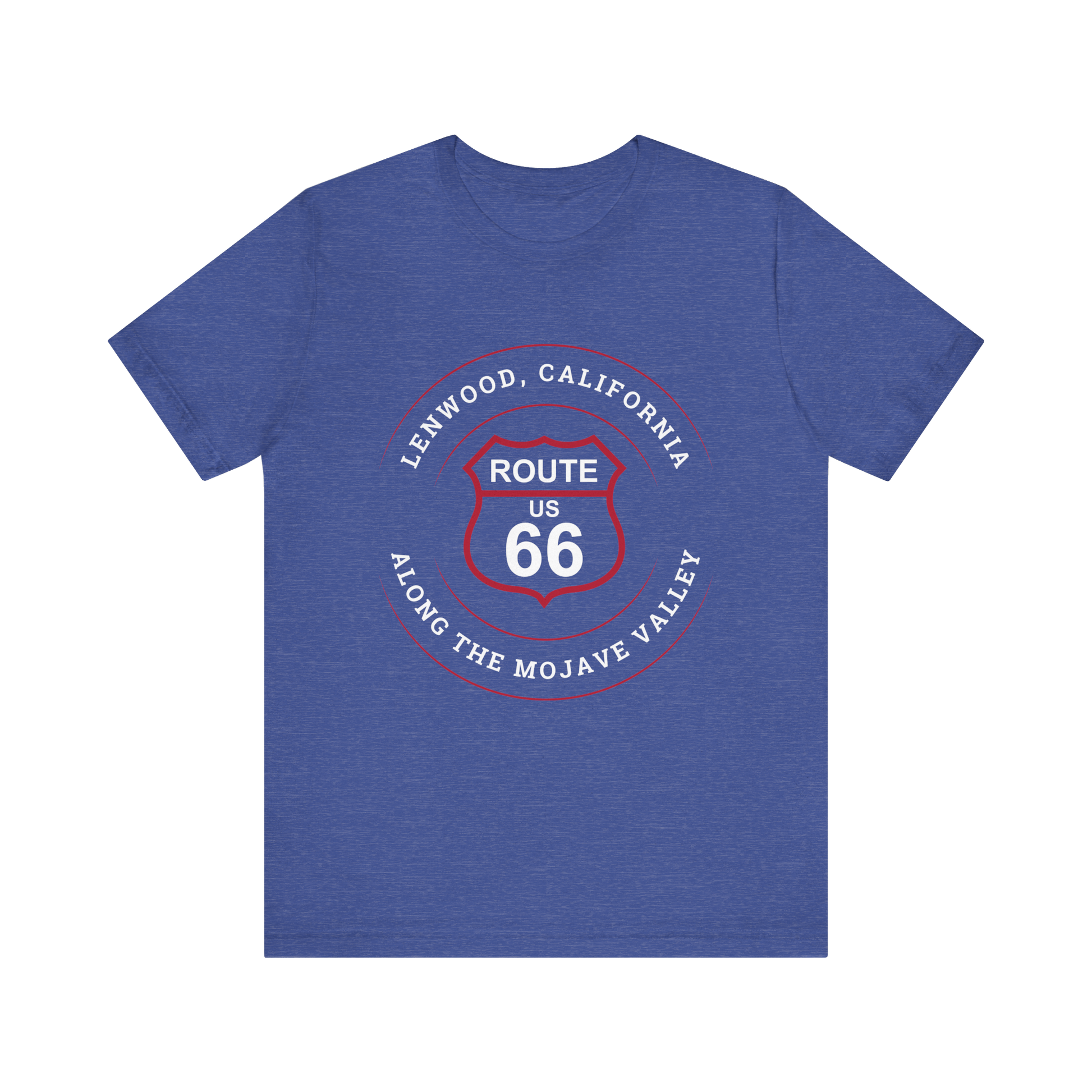 Heather true royal retro Route 66 unisex jersey tee with Lenwood, CA: "Along the Mojave Valley" design