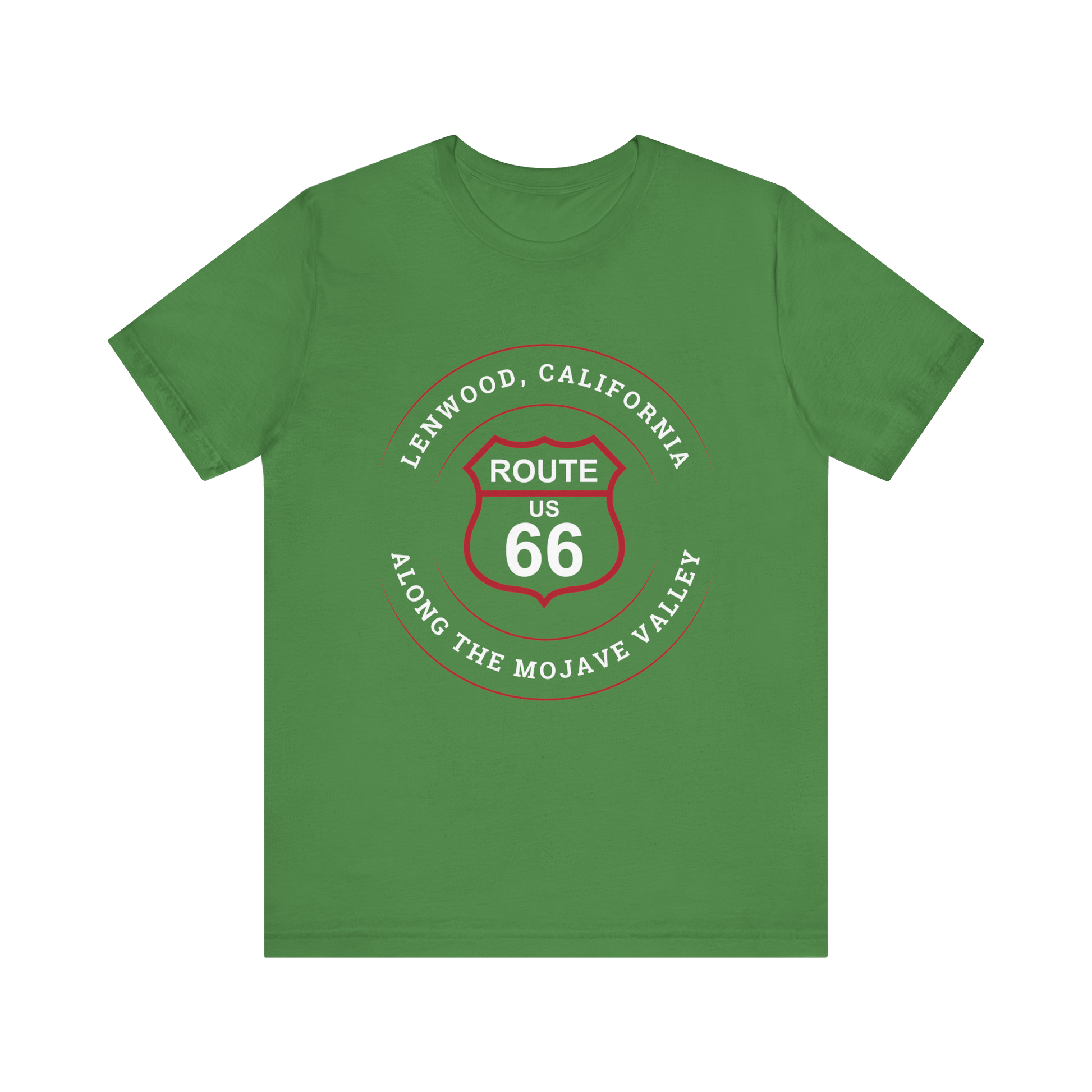 Leaf retro Route 66 unisex jersey tee with Lenwood, CA: "Along the Mojave Valley" design