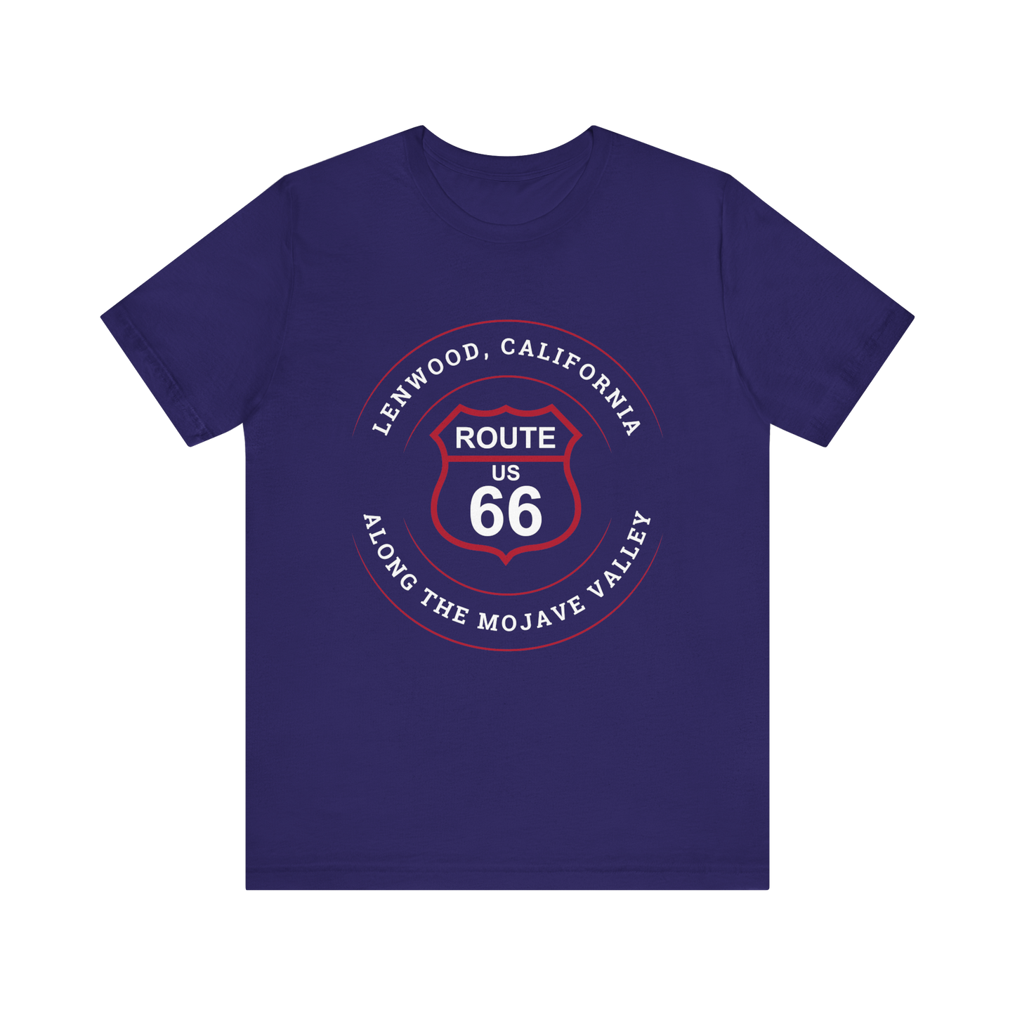 Team navy retro Route 66 unisex jersey tee with Lenwood, CA: "Along the Mojave Valley" design