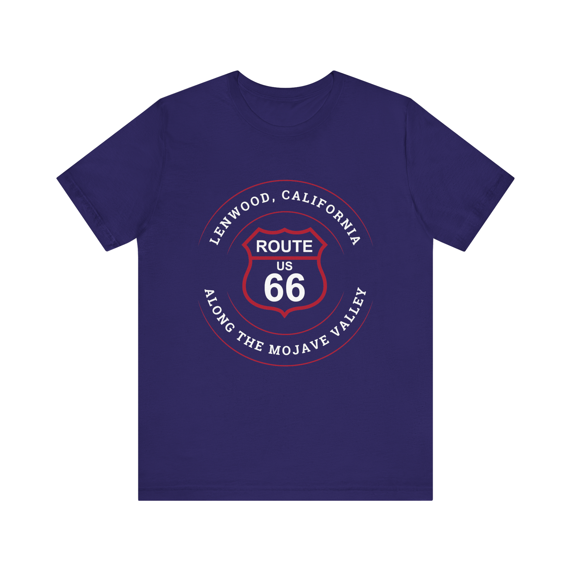 Team navy retro Route 66 unisex jersey tee with Lenwood, CA: "Along the Mojave Valley" design