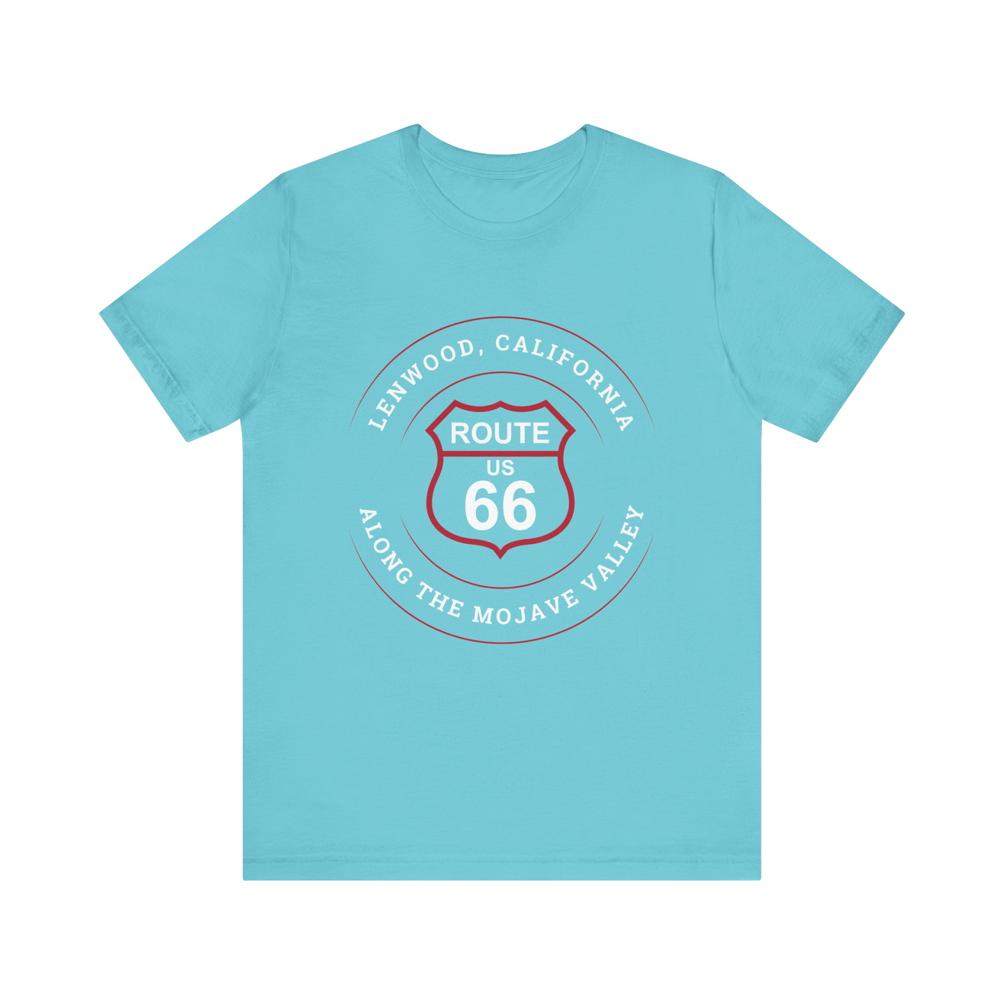 Turquoise retro Route 66 unisex jersey tee with Lenwood, CA: "Along the Mojave Valley" design