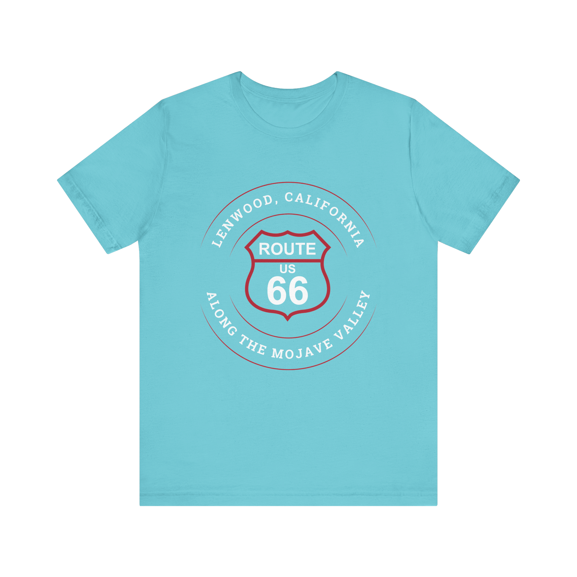 Turquoise retro Route 66 unisex jersey tee with Lenwood, CA: "Along the Mojave Valley" design