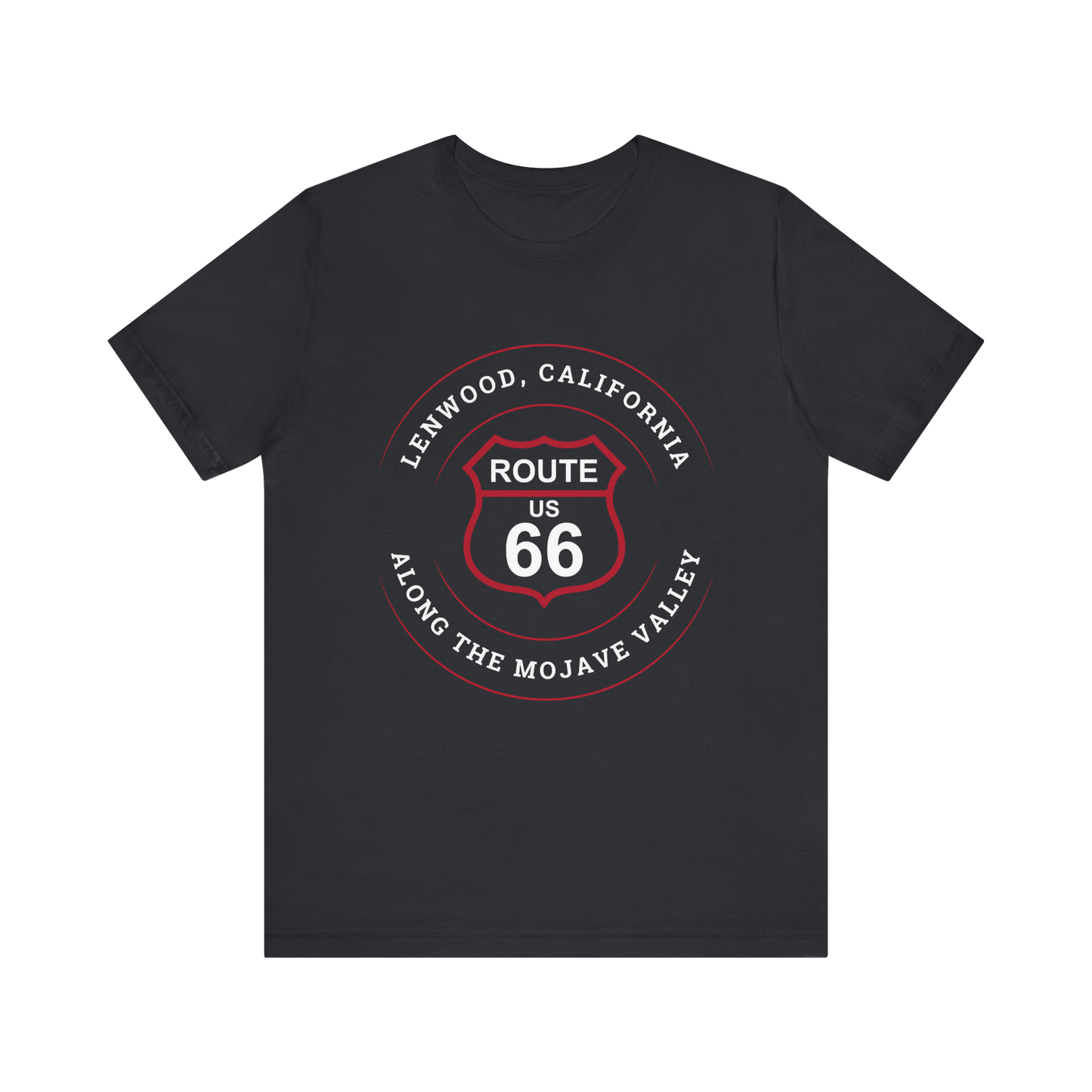 Vintage black retro Route 66 unisex jersey tee with Lenwood, CA: "Along the Mojave Valley" design