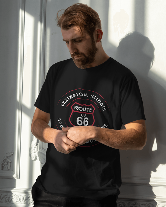 Man wearing a black retro Route 66 unisex jersey tee with a Lexington, IL "Route 66 Memory Lane" design