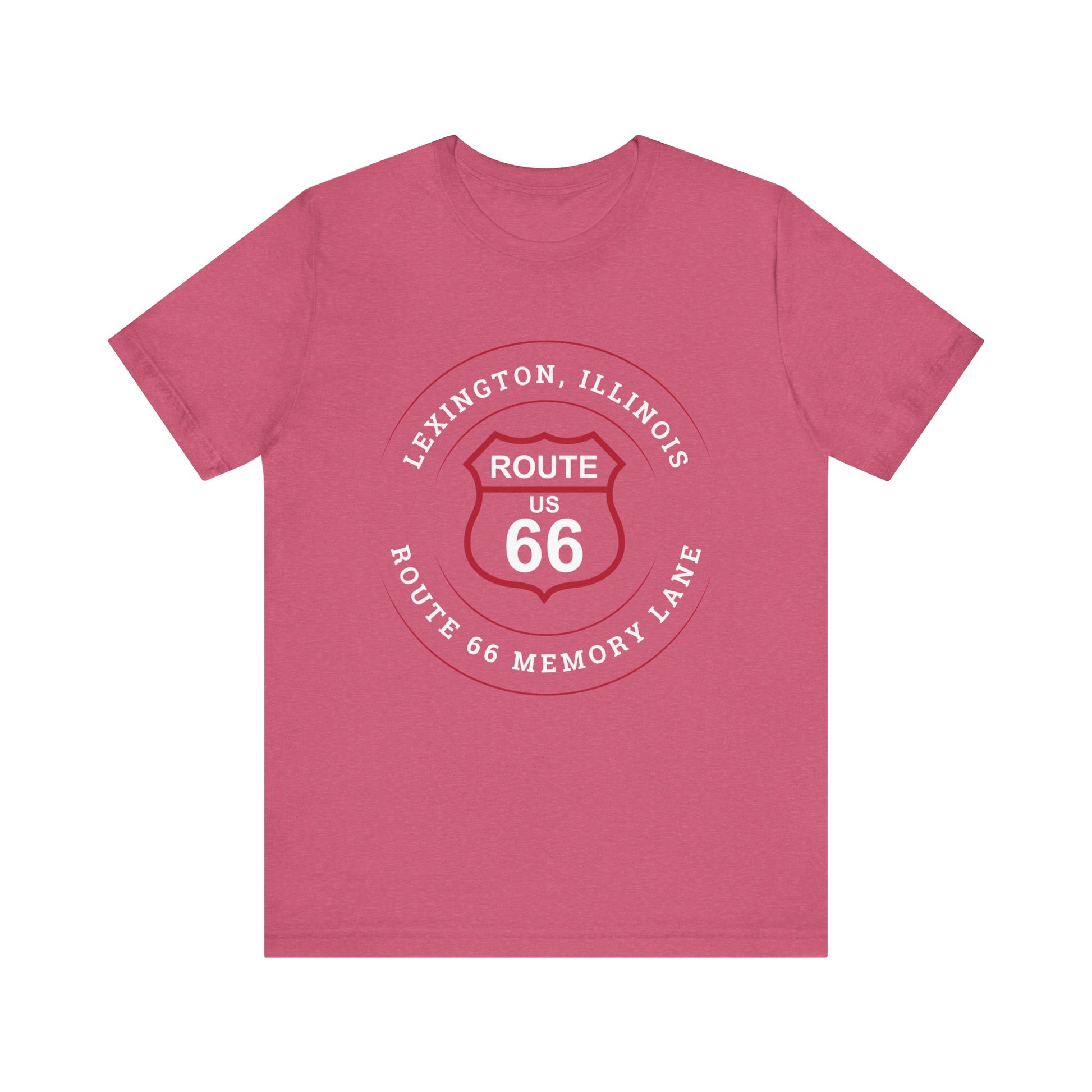 Heather raspberry retro Route 66 unisex jersey tee with Lexington, IL: "Route 66 Memory Lane" design