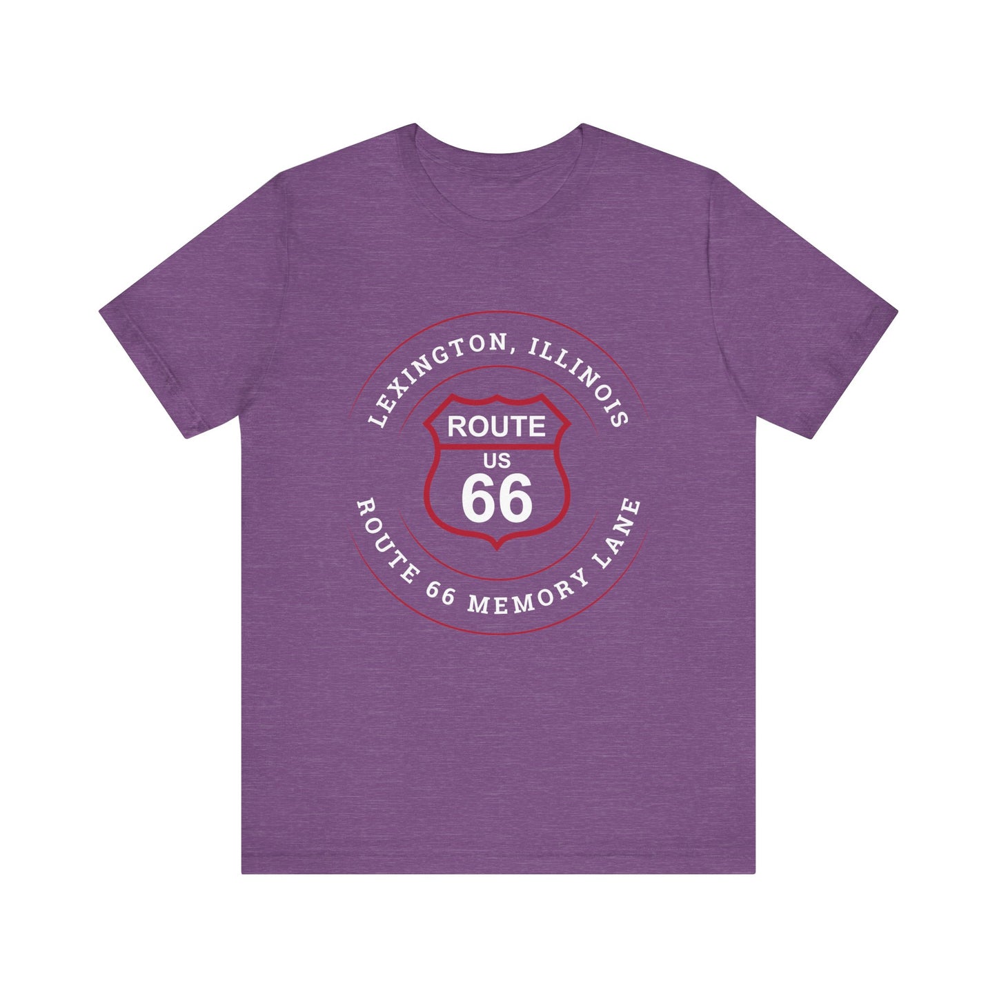 Heather team purple retro Route 66 unisex jersey tee with Lexington, IL: "Route 66 Memory Lane" design