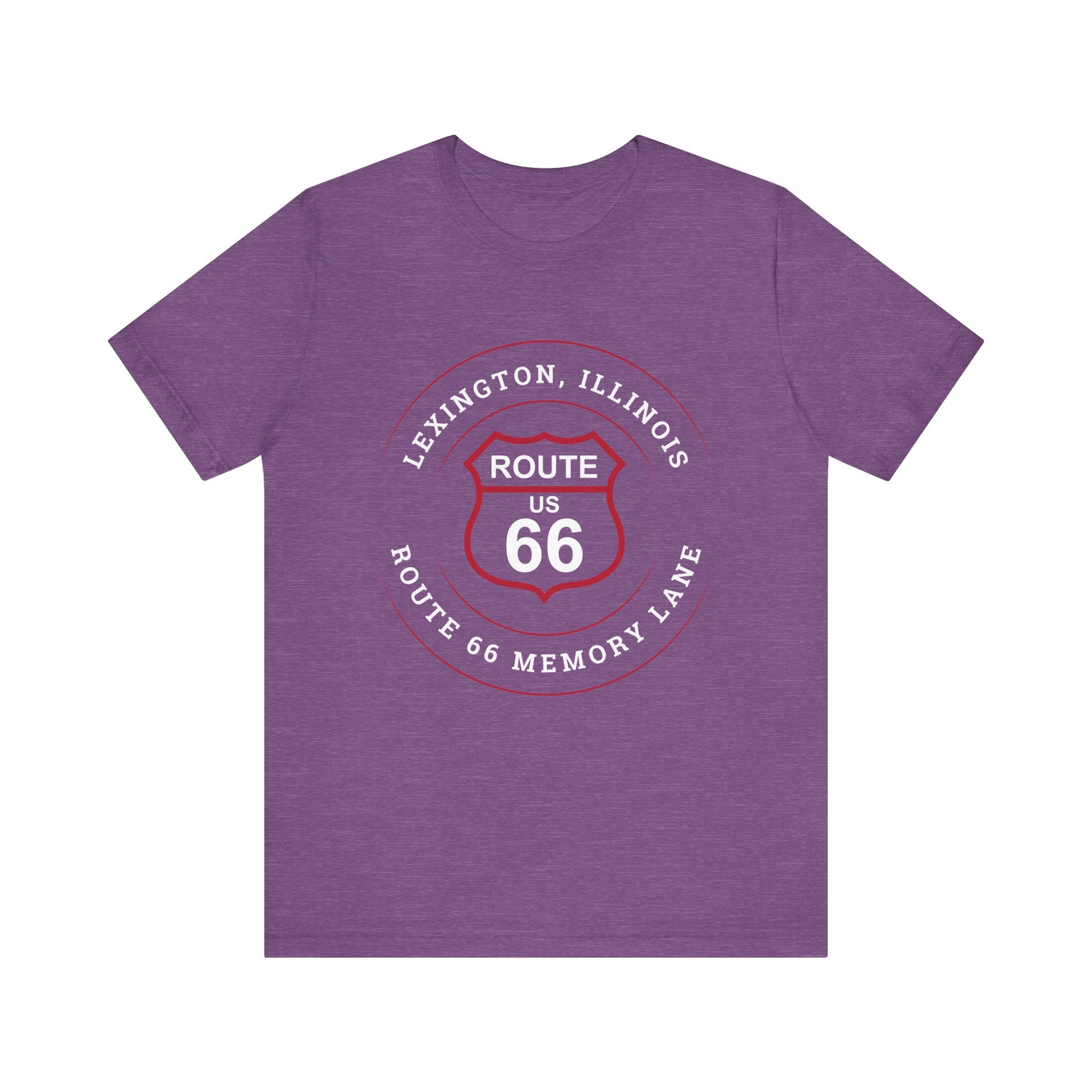 Heather team purple retro Route 66 unisex jersey tee with Lexington, IL: "Route 66 Memory Lane" design