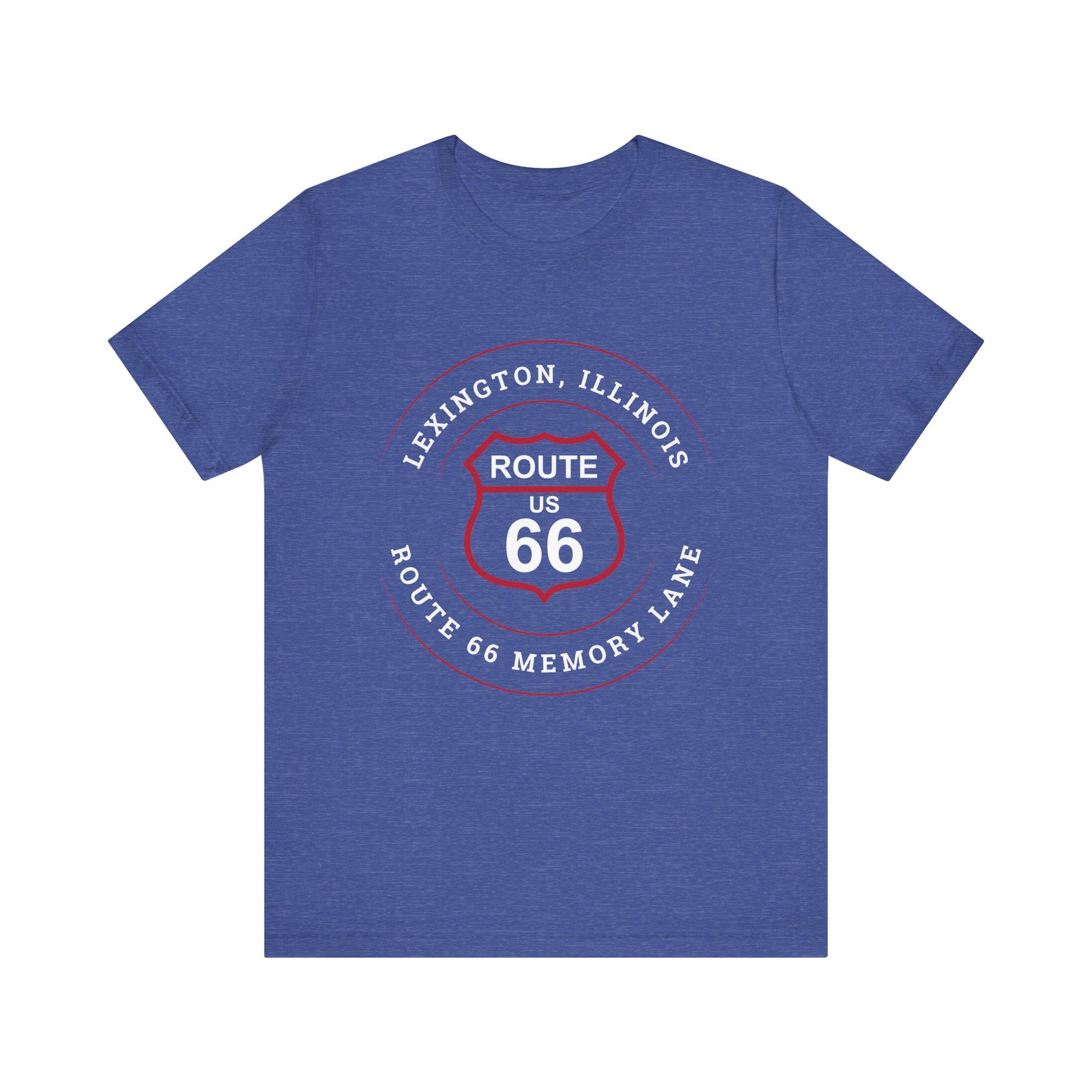 Heather true royal retro Route 66 unisex jersey tee with Lexington, IL: "Route 66 Memory Lane" design