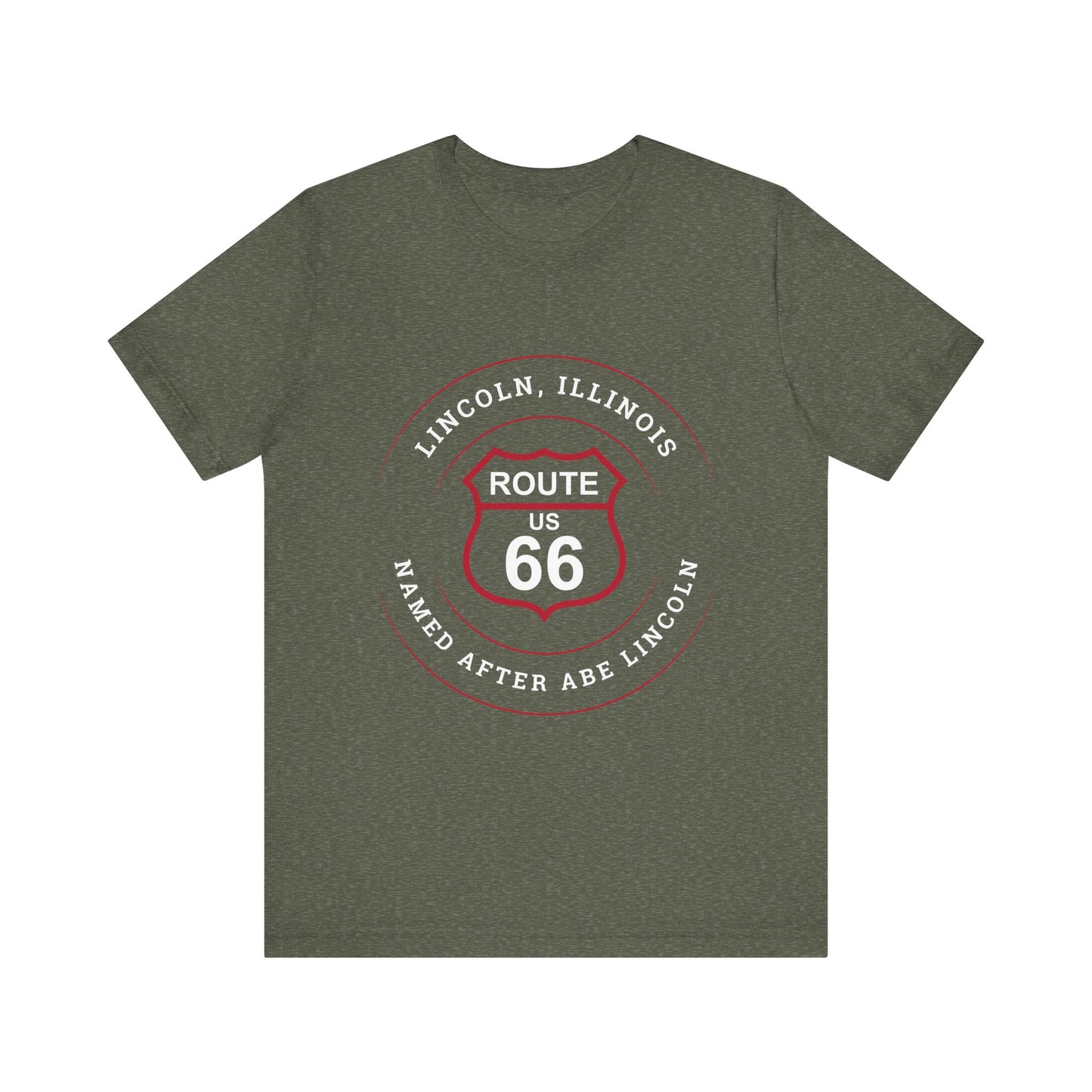 Heather military green retro Route 66 unisex jersey tee with Lincoln, IL: "Named After Abe Lincoln" design