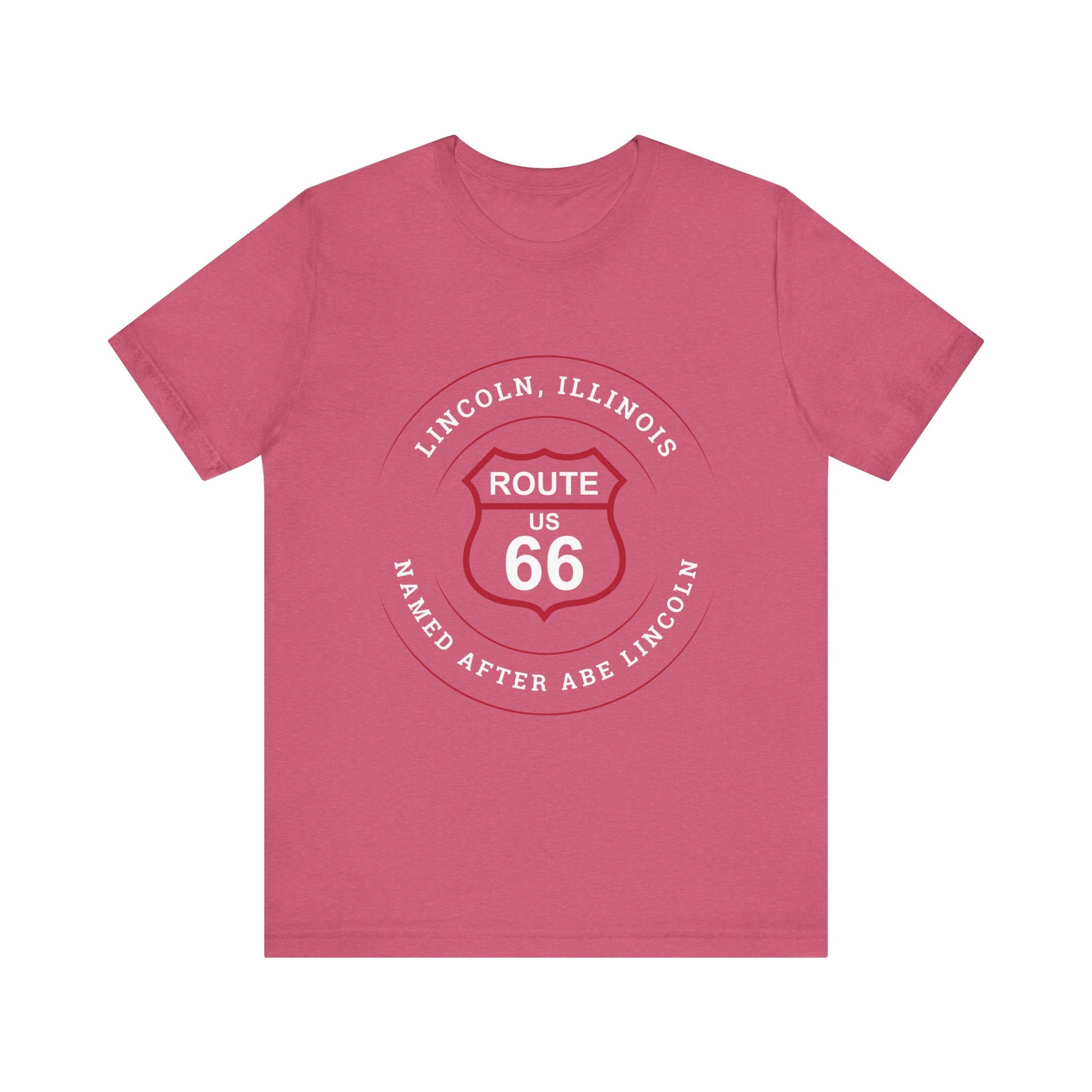 Heather raspberry retro Route 66 unisex jersey tee with Lincoln, IL: "Named After Abe Lincoln" design