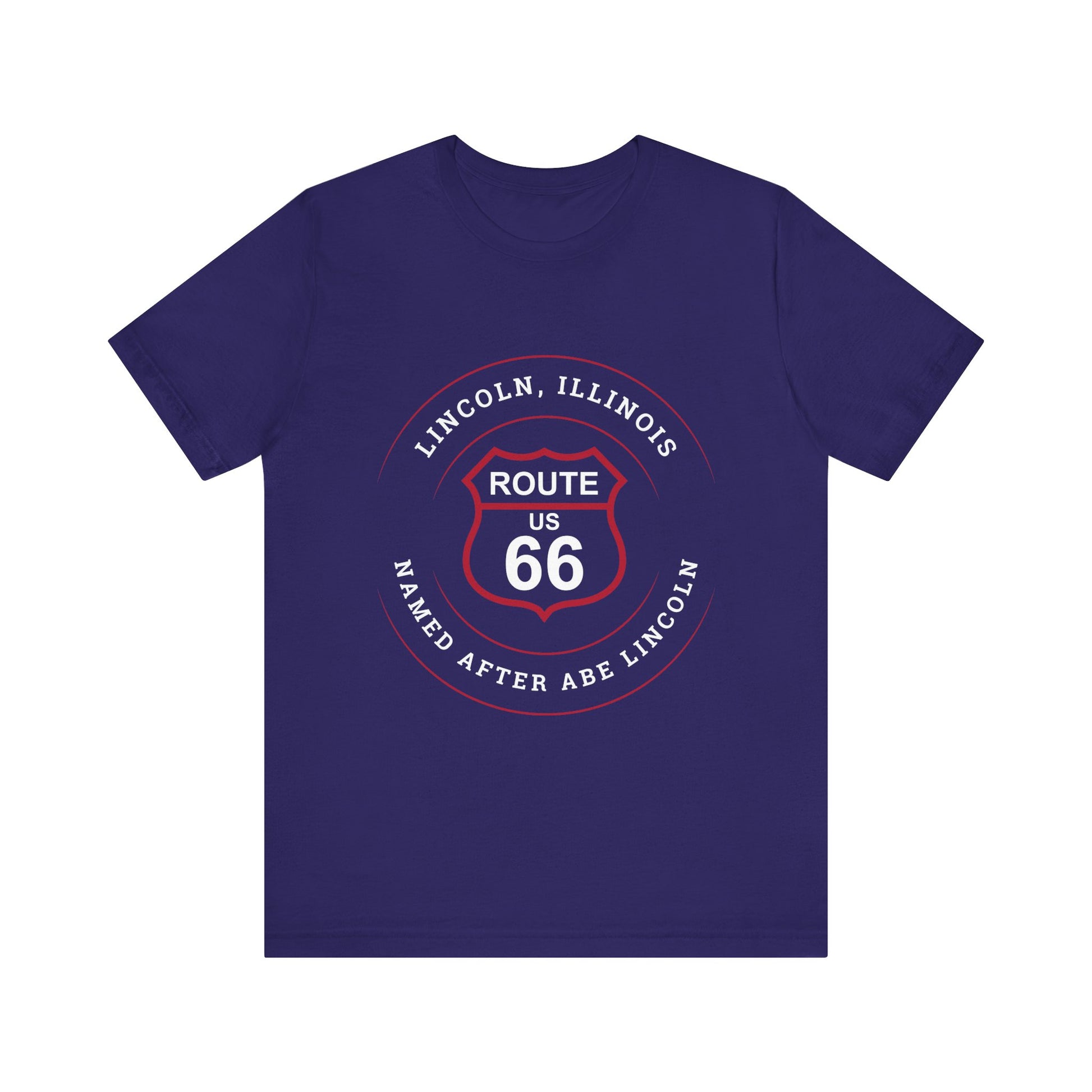 Team navy retro Route 66 unisex jersey tee with Lincoln, IL: "Named After Abe Lincoln" design