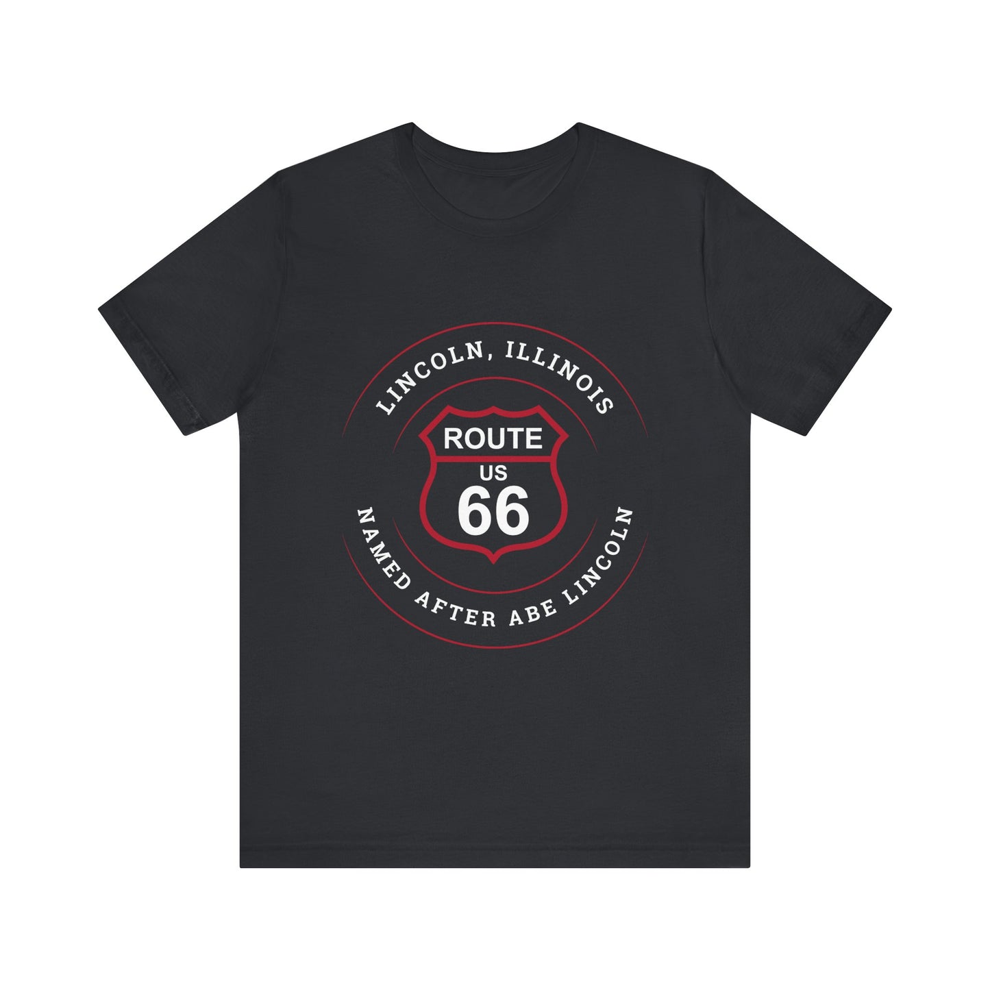Vintage black retro Route 66 unisex jersey tee with Lincoln, IL: "Named After Abe Lincoln" design
