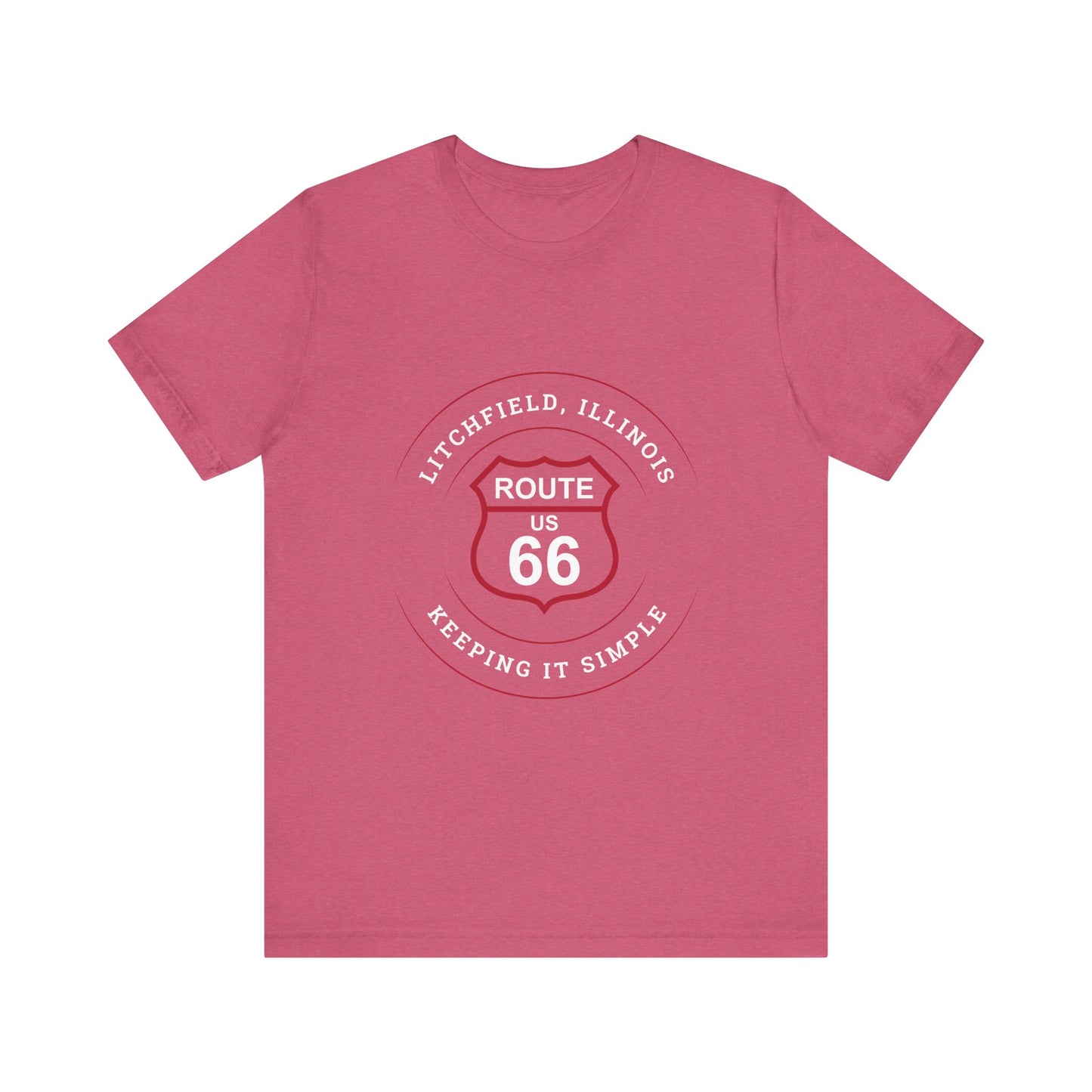 Heather raspberry retro Route 66 unisex jersey tee with Litchfield, IL:: "Keeping It Simple" design