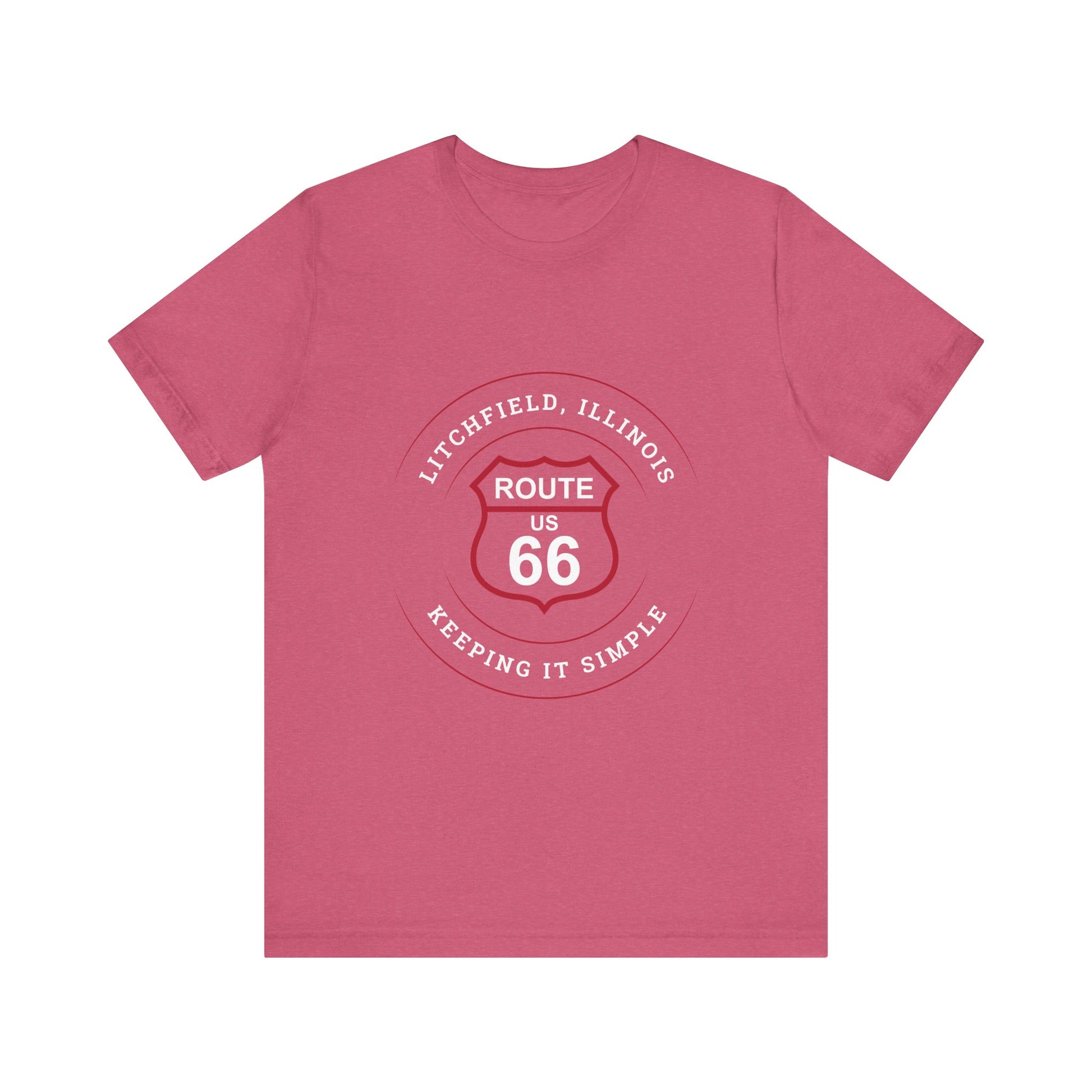 Heather raspberry retro Route 66 unisex jersey tee with Litchfield, IL:: "Keeping It Simple" design