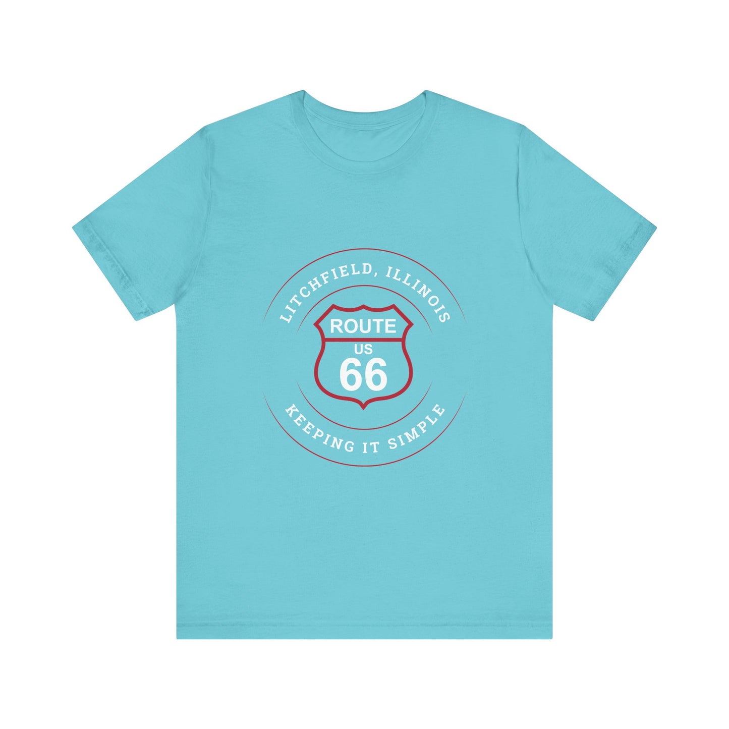 Turquoise retro Route 66 unisex jersey tee with Litchfield, IL:: "Keeping It Simple" design