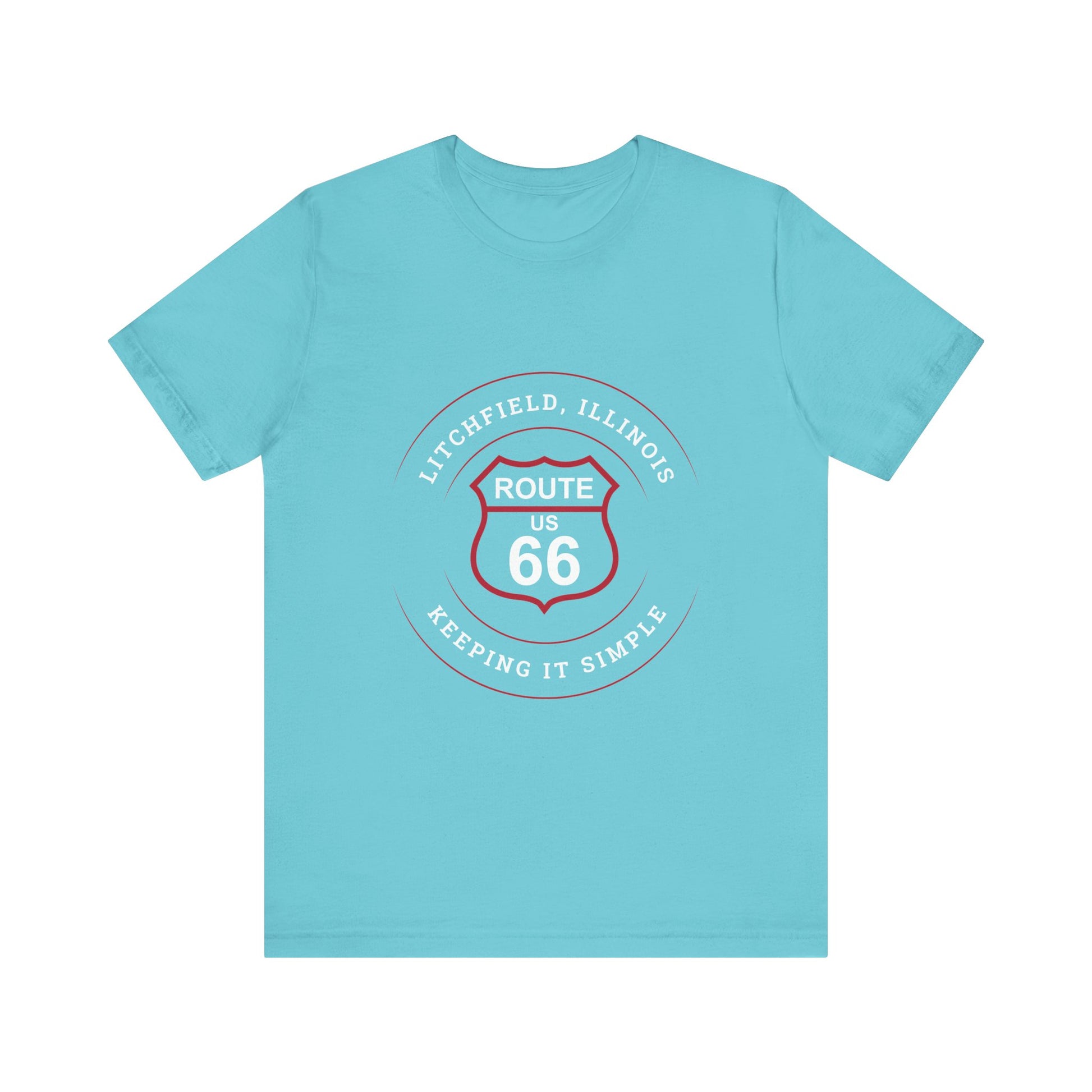 Turquoise retro Route 66 unisex jersey tee with Litchfield, IL:: "Keeping It Simple" design