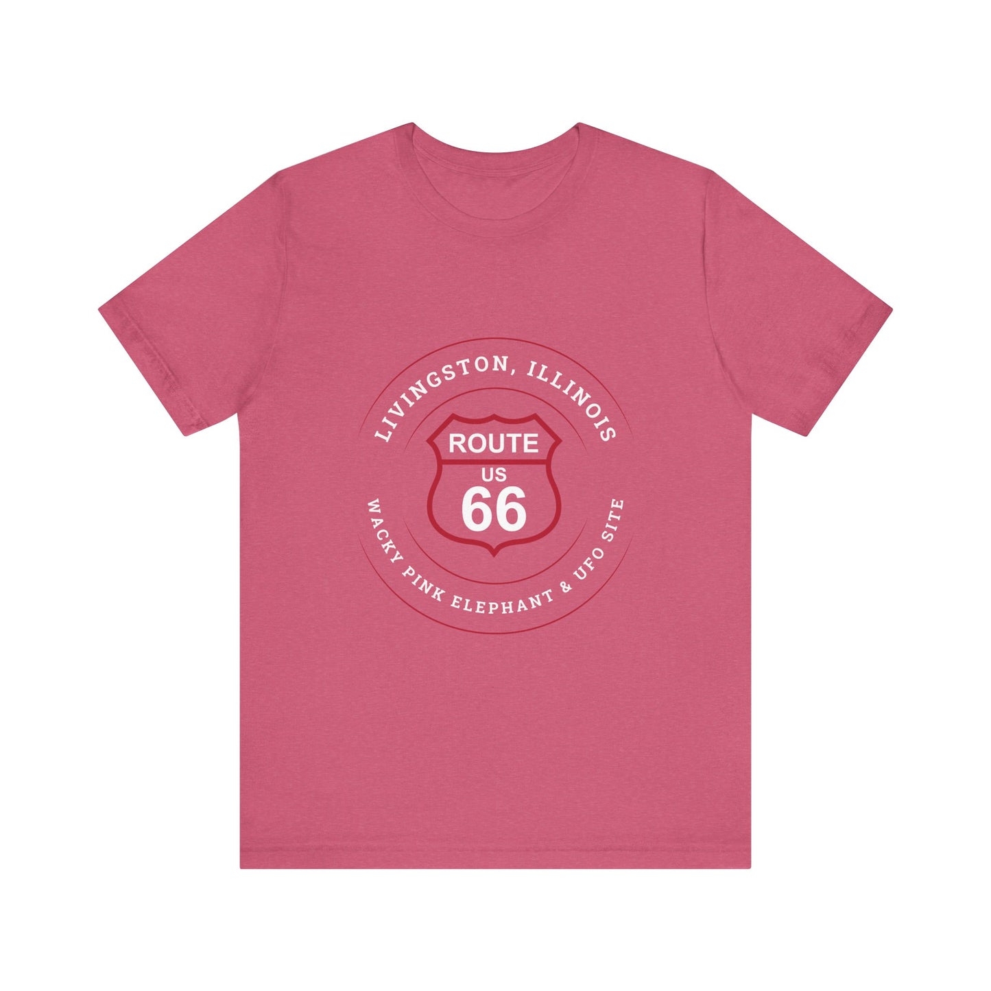 Heather raspberry retro Route 66 unisex jersey tee with Livingston, IL:: "Wacky Pink elephant & UFO Site" design