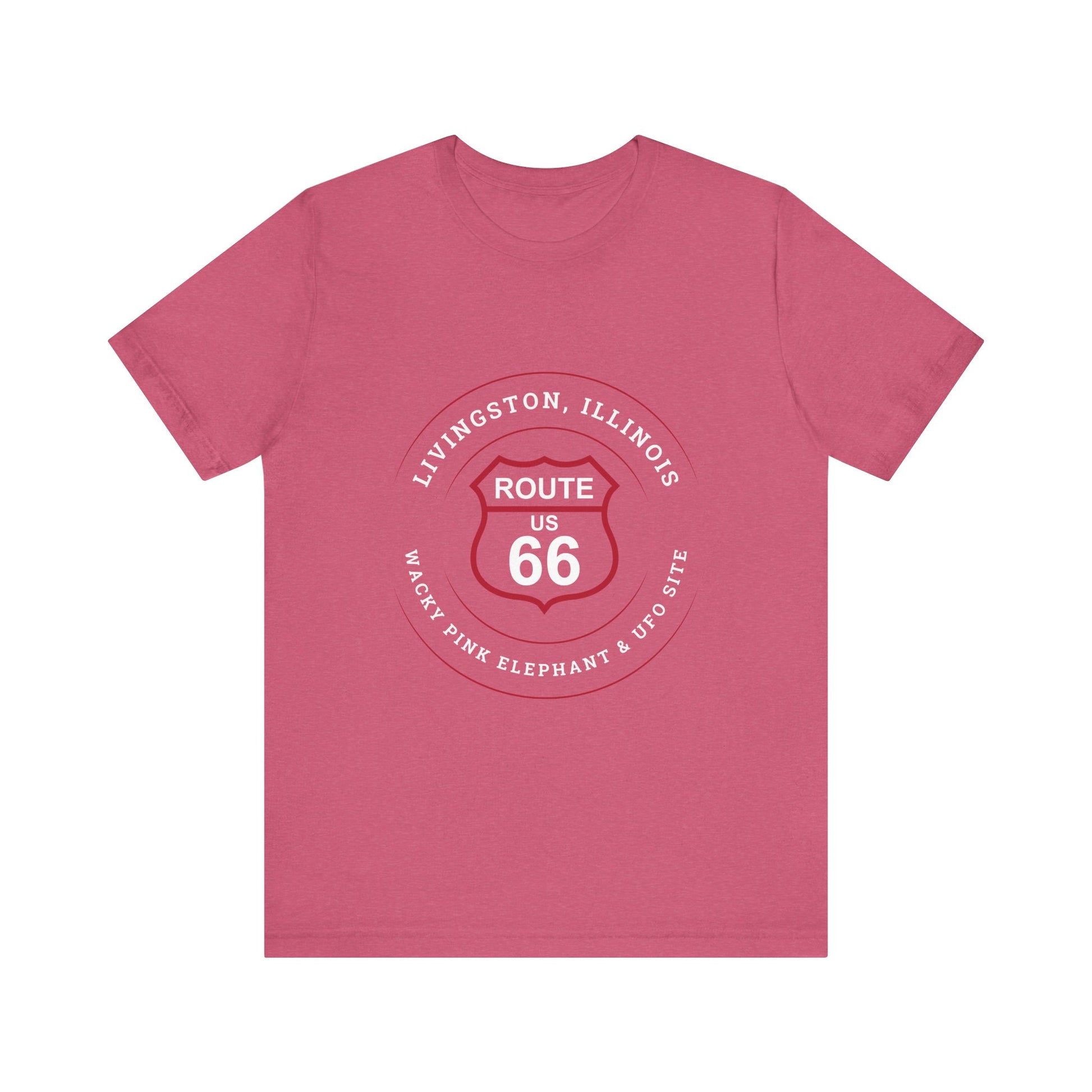 Heather raspberry retro Route 66 unisex jersey tee with Livingston, IL:: "Wacky Pink elephant & UFO Site" design