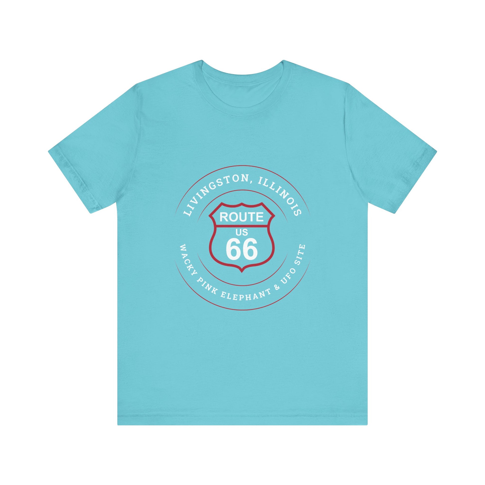 Turquoise retro Route 66 unisex jersey tee with Livingston, IL:: "Wacky Pink elephant & UFO Site" design