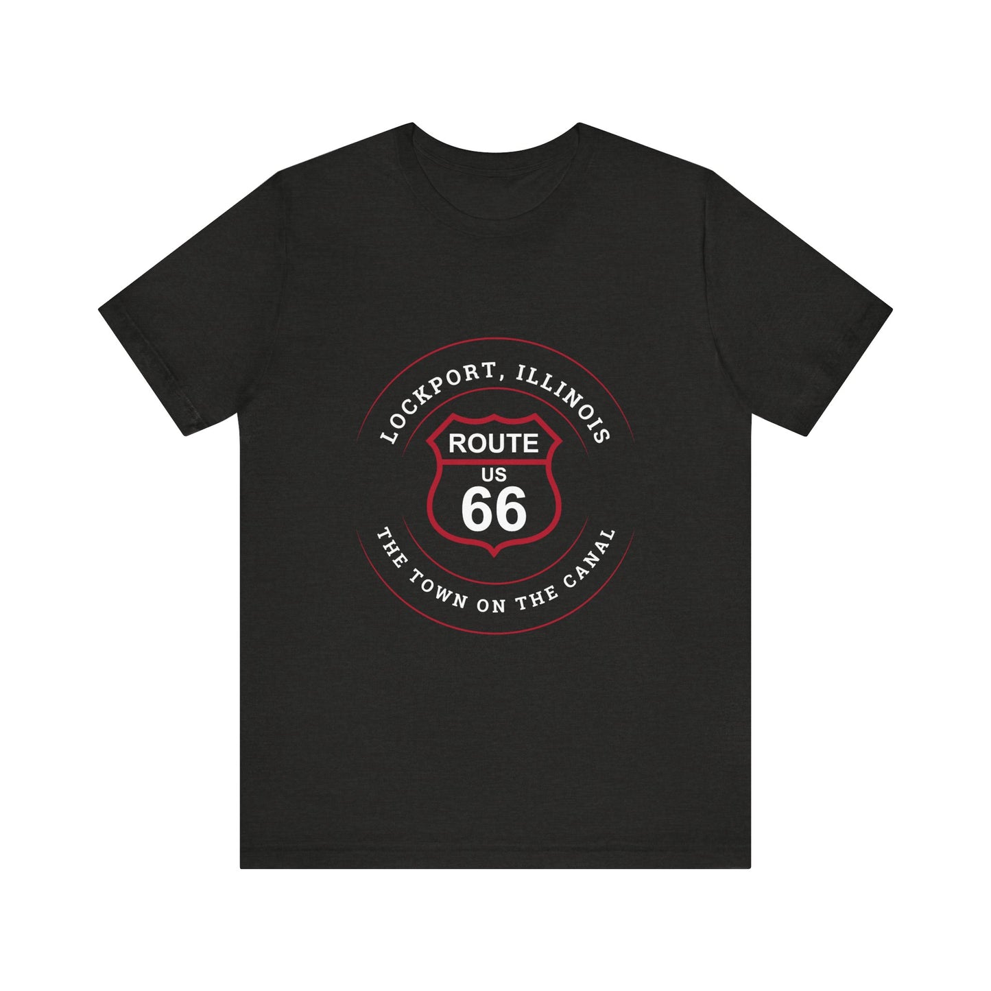 Black heather retro Route 66 unisex jersey tee with Lockport, IL: "The Town on the Canal" design