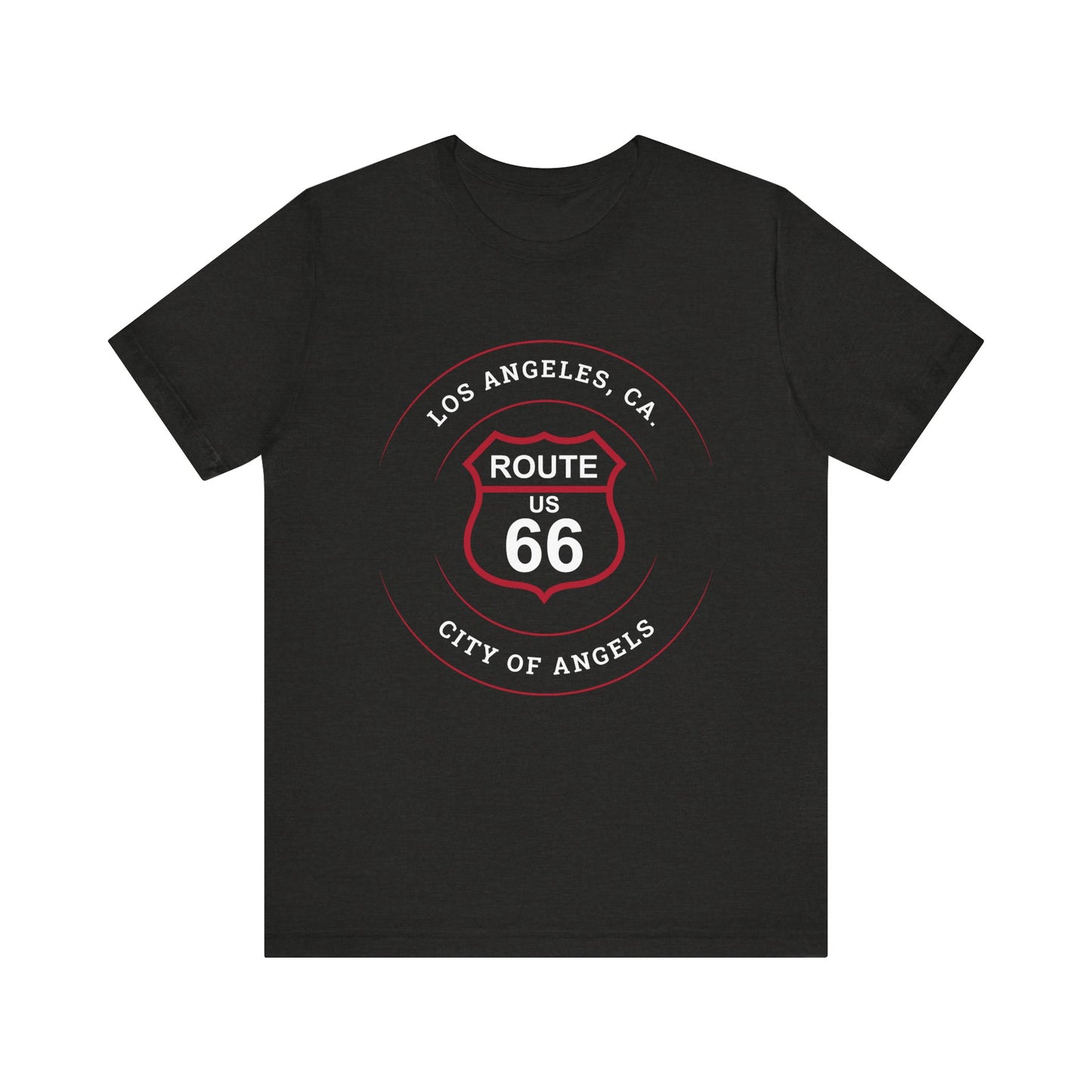Black heather retro Route 66 unisex jersey tee with Los Angeles, CA: "City of Angels" design