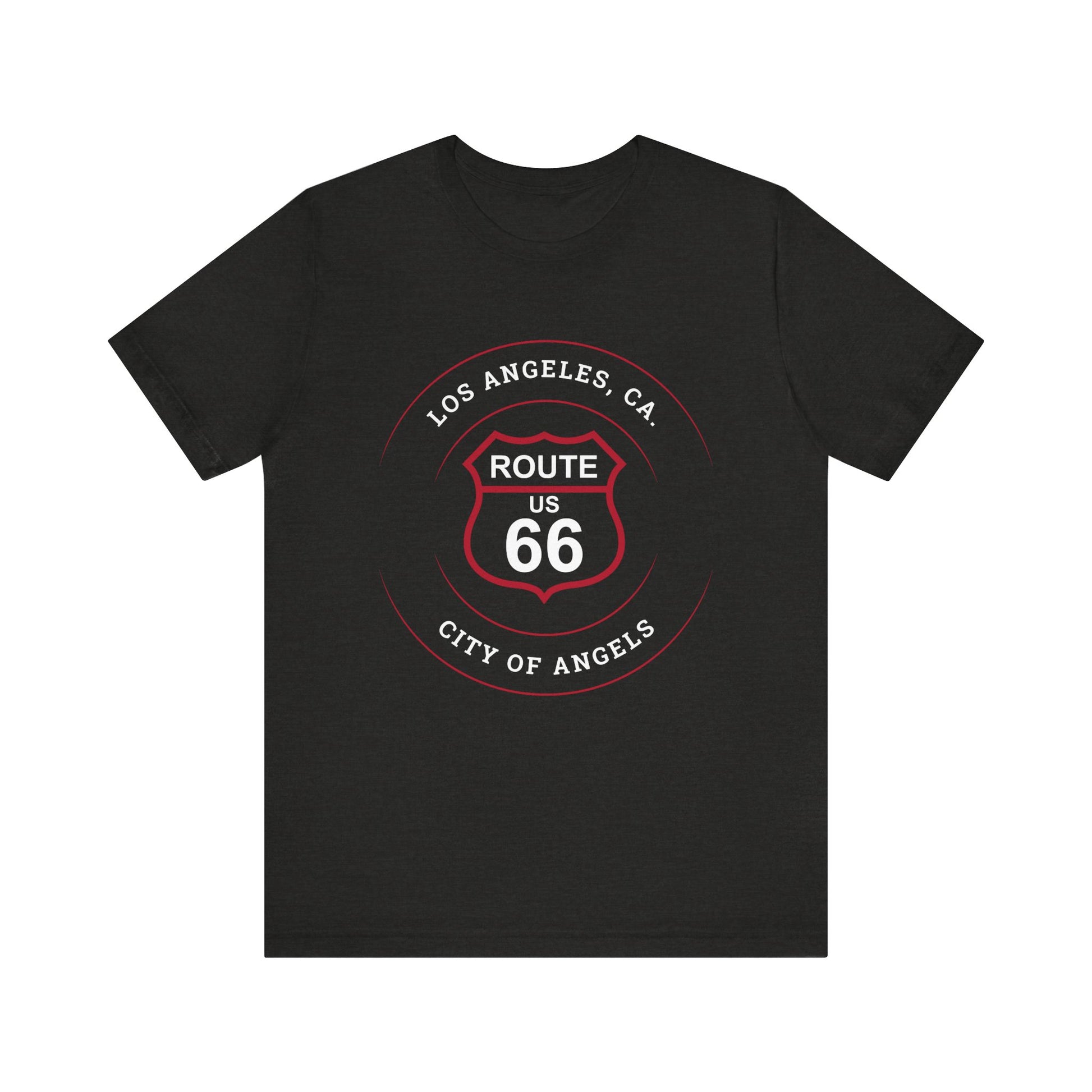 Black heather retro Route 66 unisex jersey tee with Los Angeles, CA: "City of Angels" design