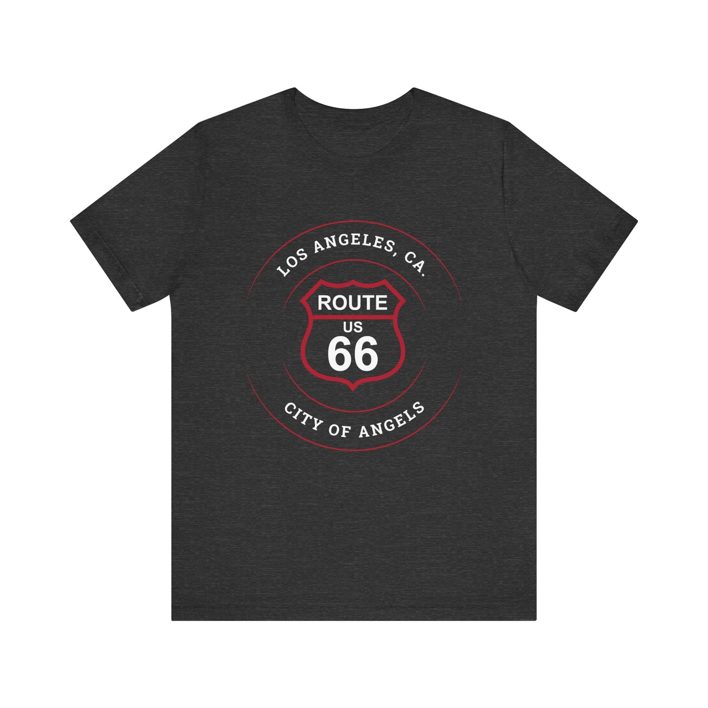 Dark grey heather retro Route 66 unisex jersey tee with Los Angeles, CA: "City of Angels" design