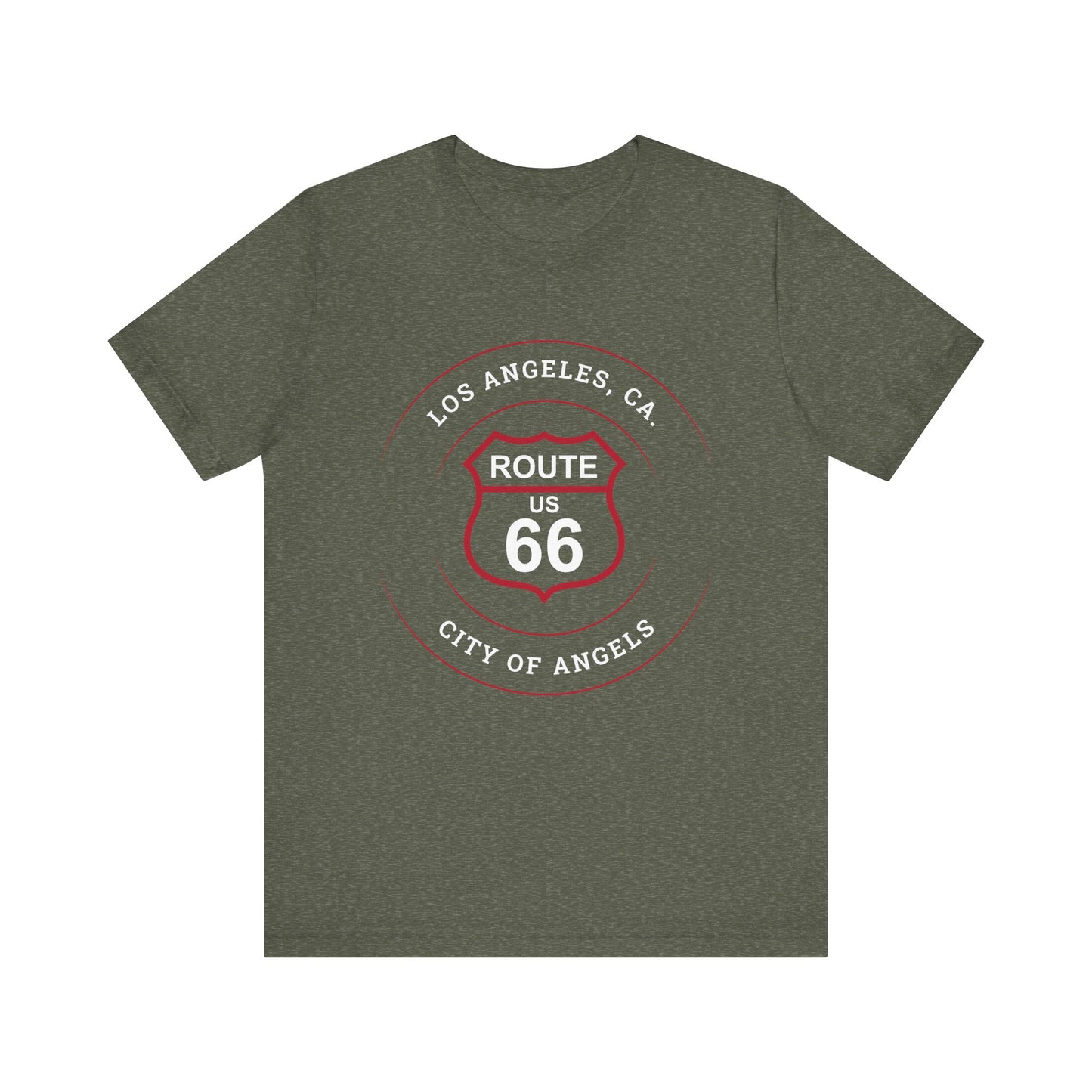 Heather military green retro Route 66 unisex jersey tee with Los Angeles, CA: "City of Angels" design