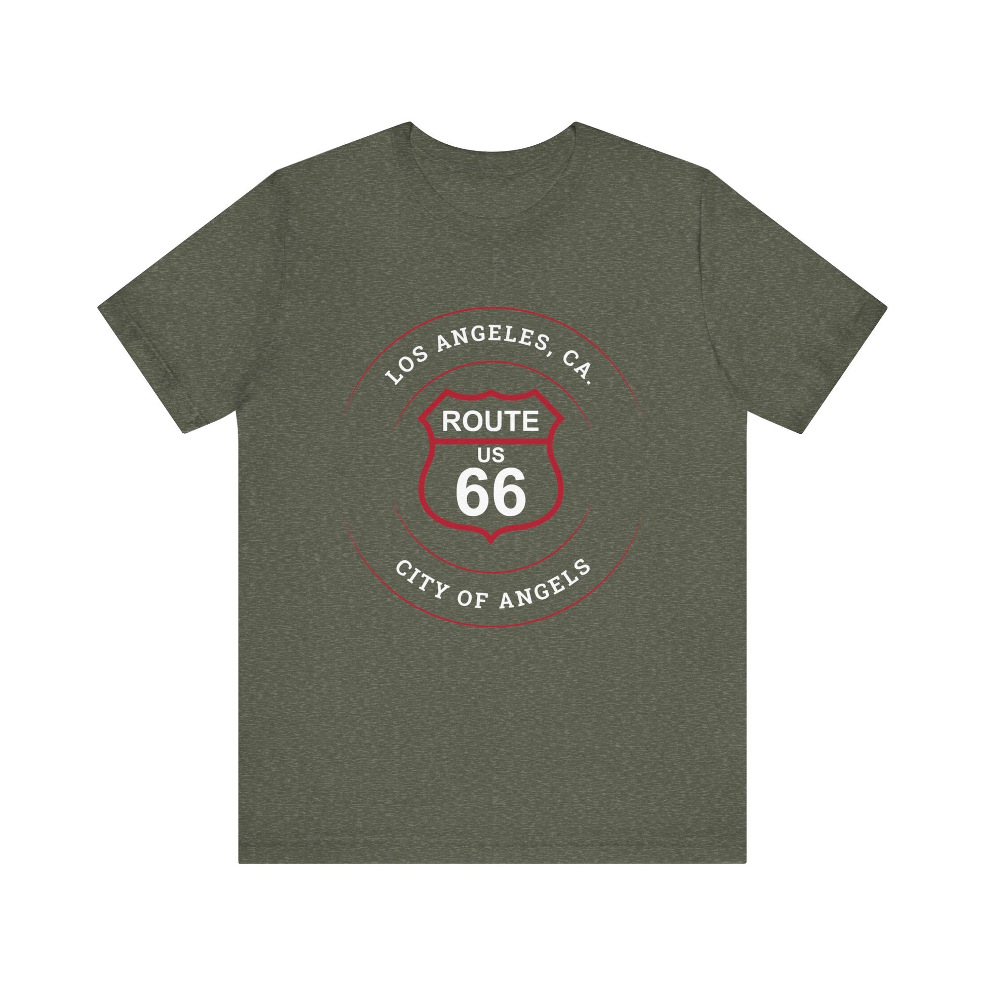 Heather military green retro Route 66 unisex jersey tee with Los Angeles, CA: "City of Angels" design