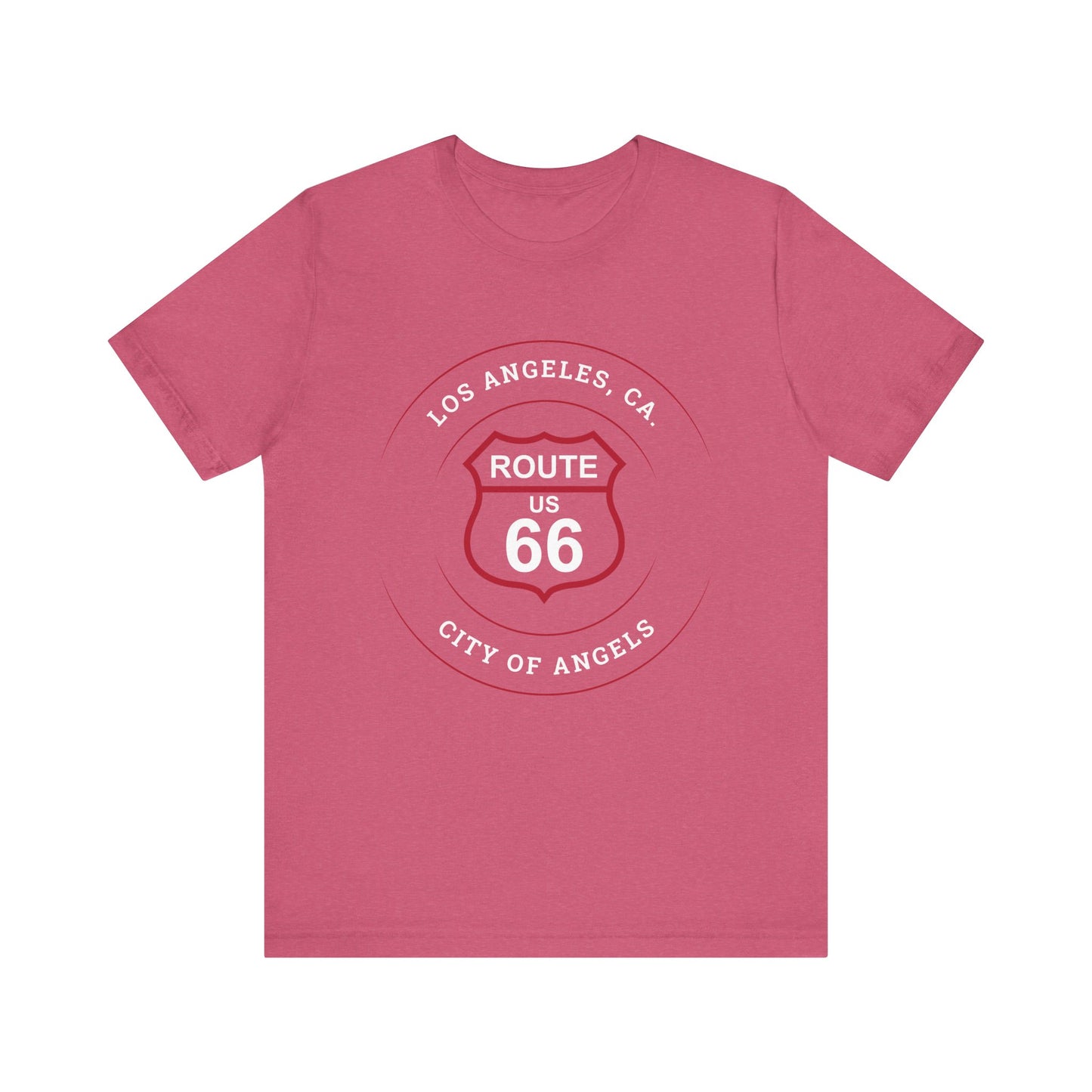 Heather raspberry retro Route 66 unisex jersey tee with Los Angeles, CA: "City of Angels" design