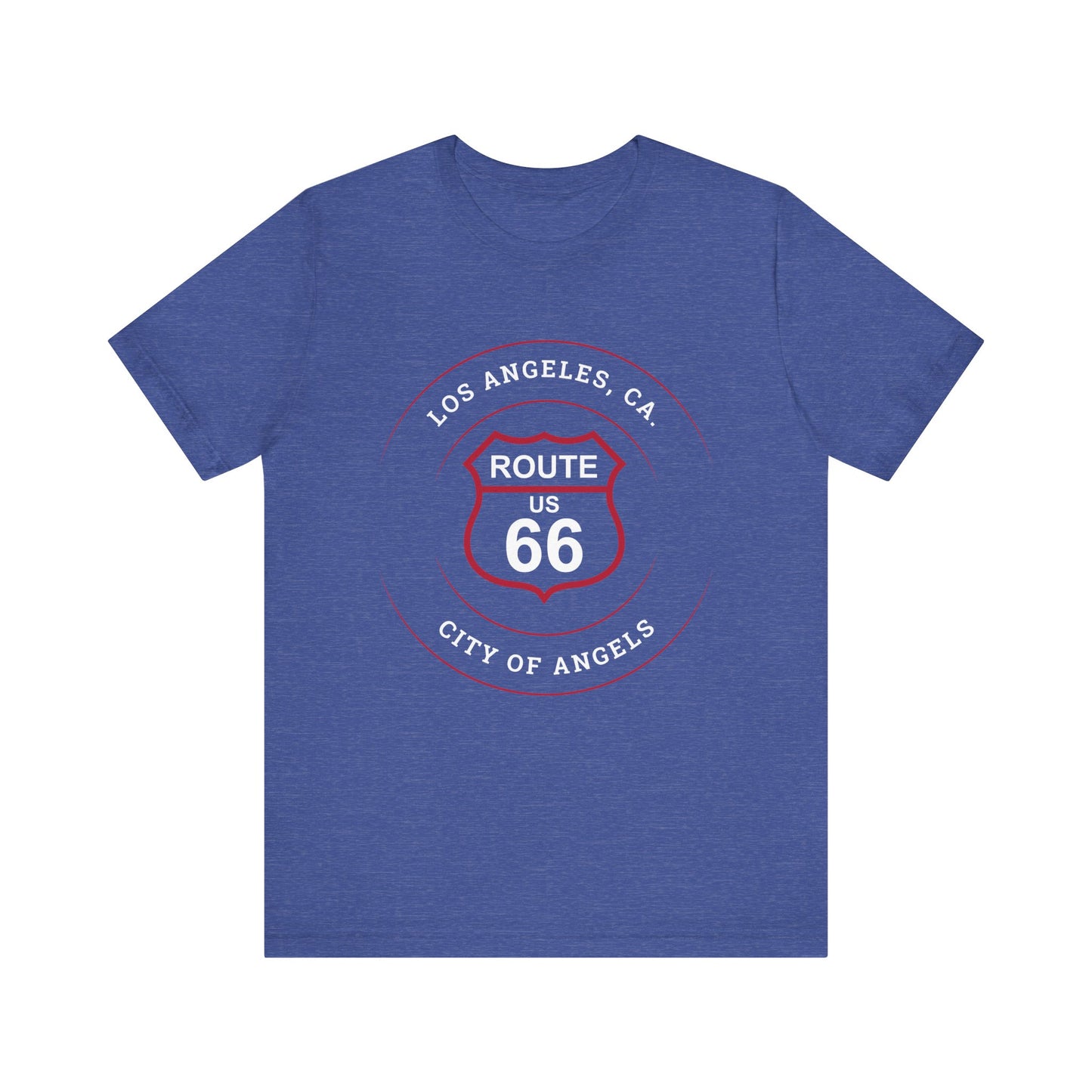 Heather true royal retro Route 66 unisex jersey tee with Los Angeles, CA: "City of Angels" design