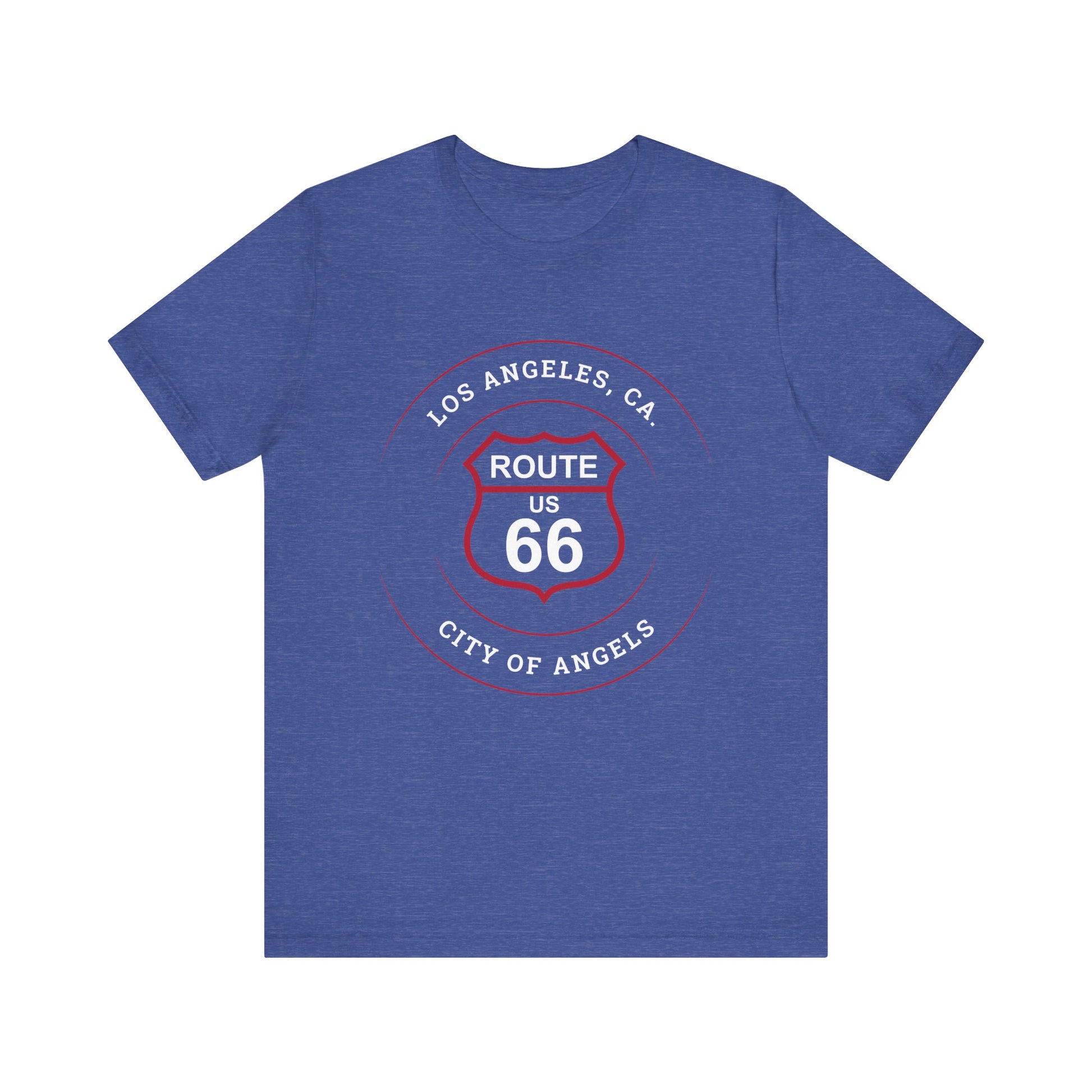 Heather true royal retro Route 66 unisex jersey tee with Los Angeles, CA: "City of Angels" design