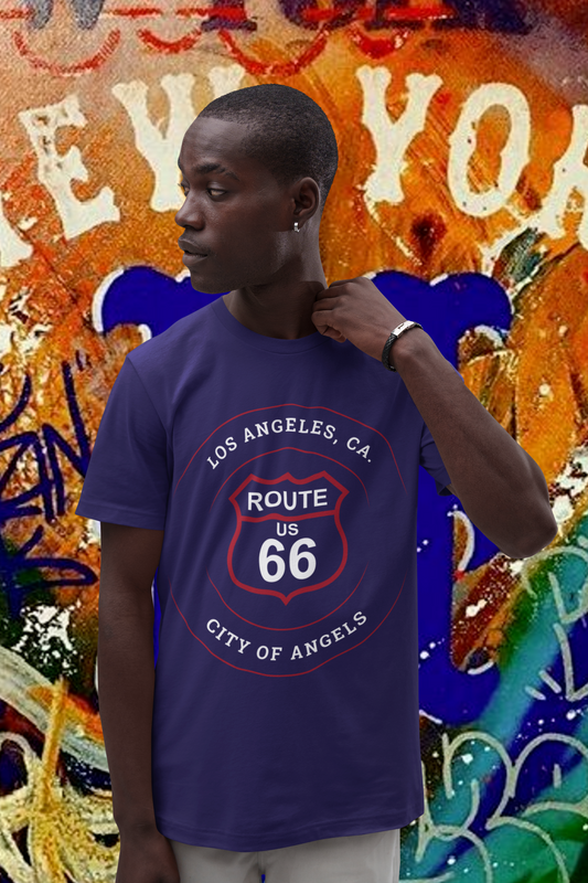 Male model wearing a team navy retro Route 66 unisex jersey tee with a Los Angeles, CA: "City of Angels" design