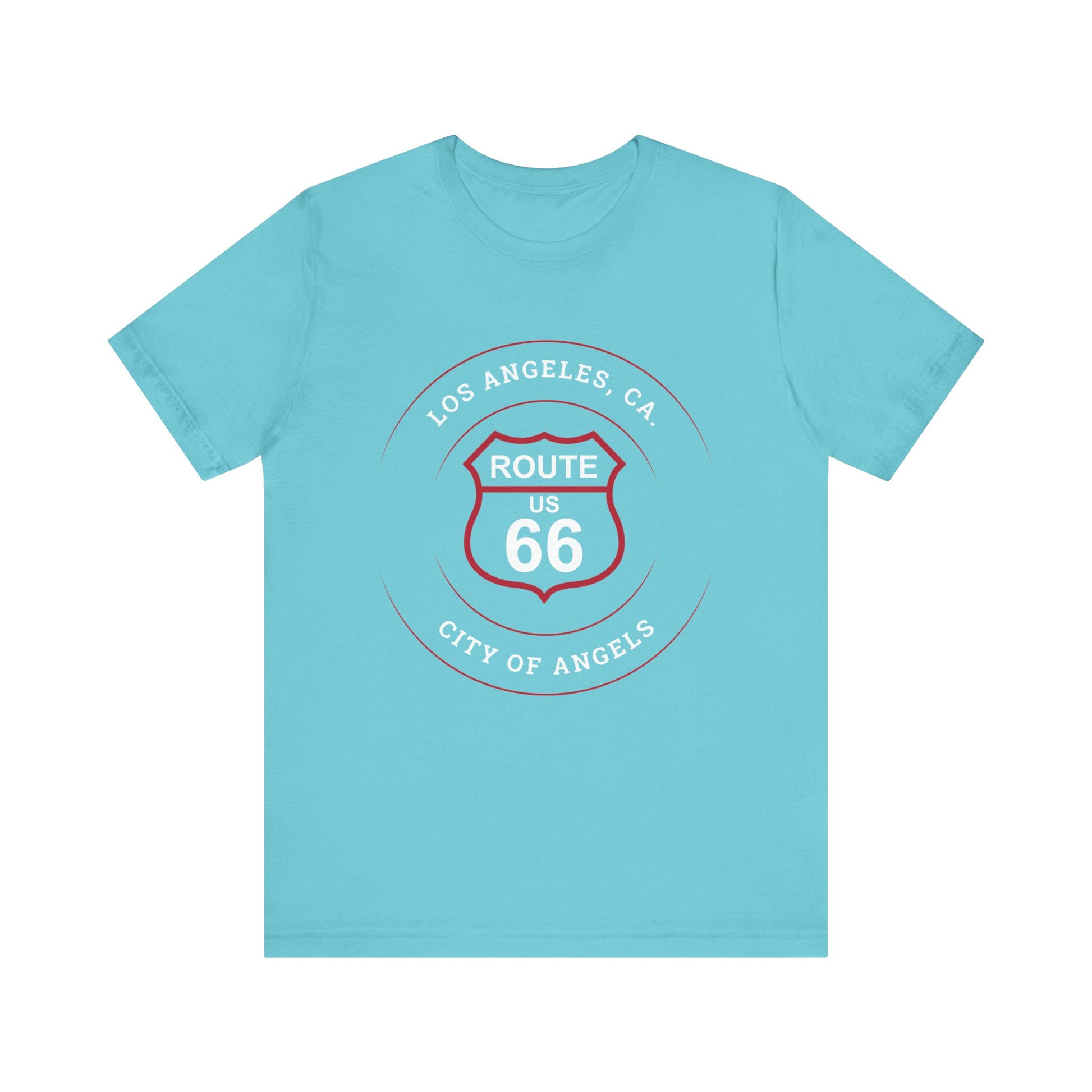 Turquoise retro Route 66 unisex jersey tee with Los Angeles, CA: "City of Angels" design