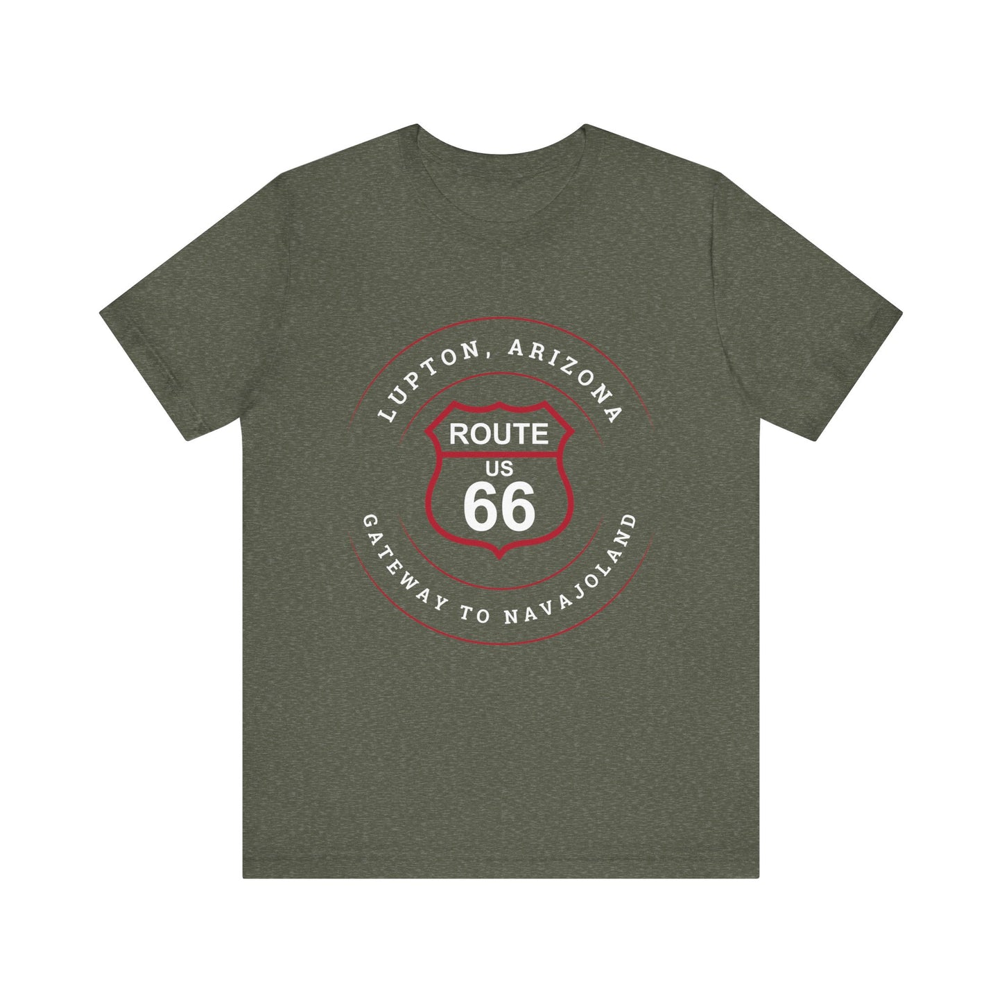 Heather military green retro Route 66 unisex jersey tee with Lupton, AZ: "Gateway to Navajoland" design