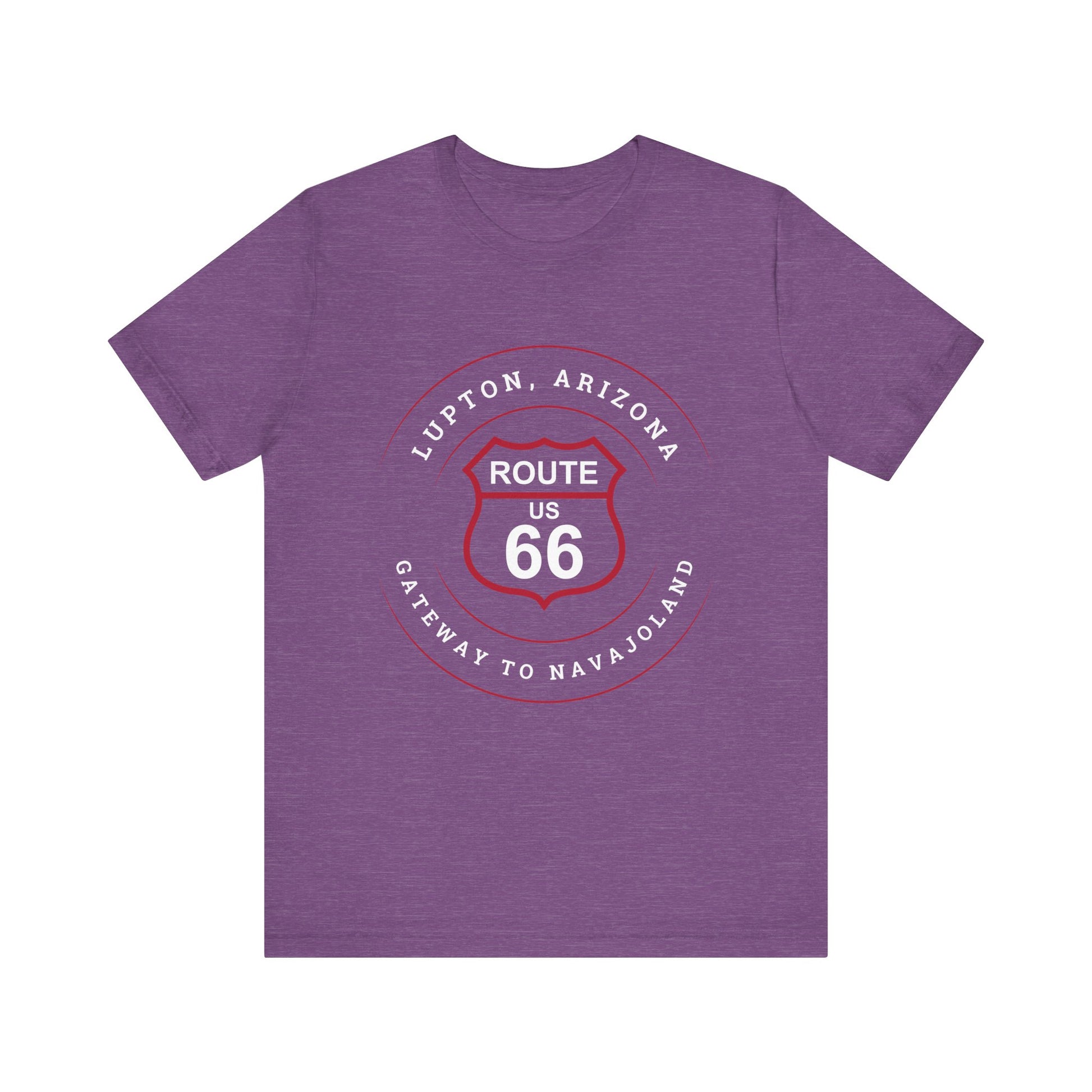 Heather team purple retro Route 66 unisex jersey tee with Lupton, AZ: "Gateway to Navajoland" design