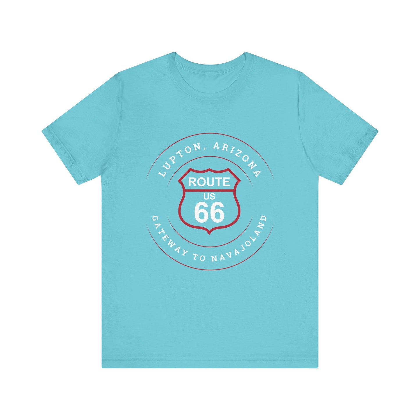 Turquoise retro Route 66 unisex jersey tee with Lupton, AZ: "Gateway to Navajoland" design